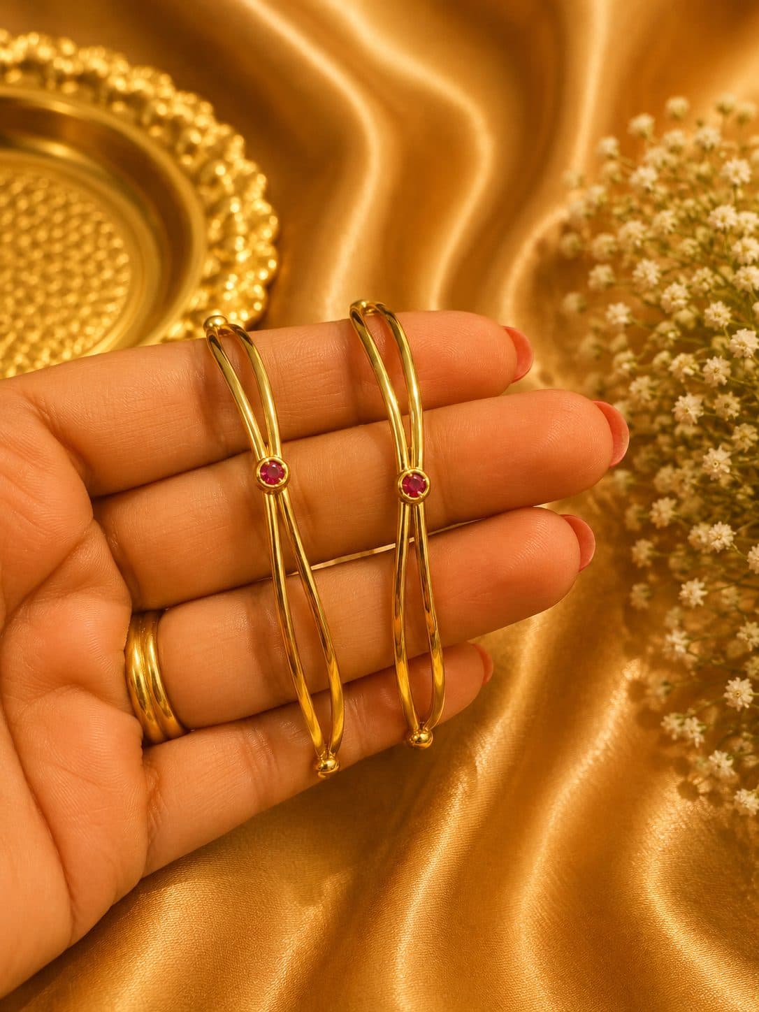 Gold-Tone Ruby Accent Double-Line Bangles Set