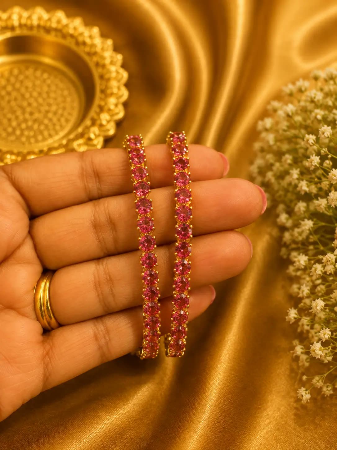 AD Micro Plated Gold Dark Pink Stone Bangle Set