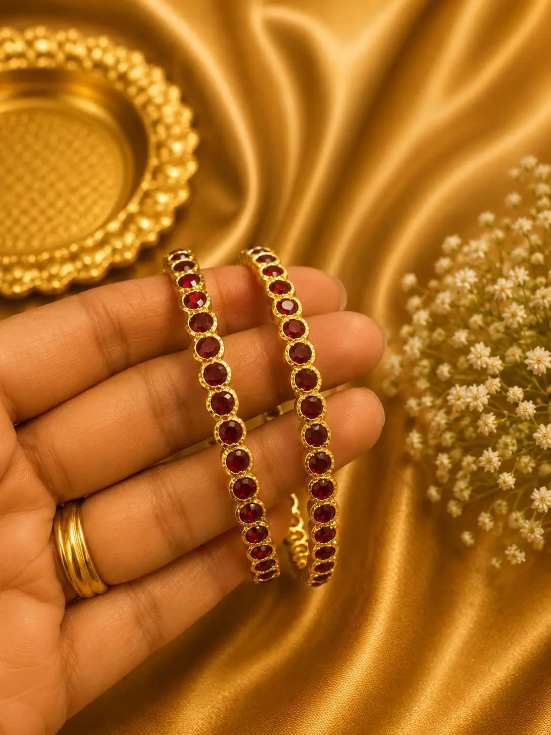 Gold-Tone Maroon Ruby Stone Bangle Set