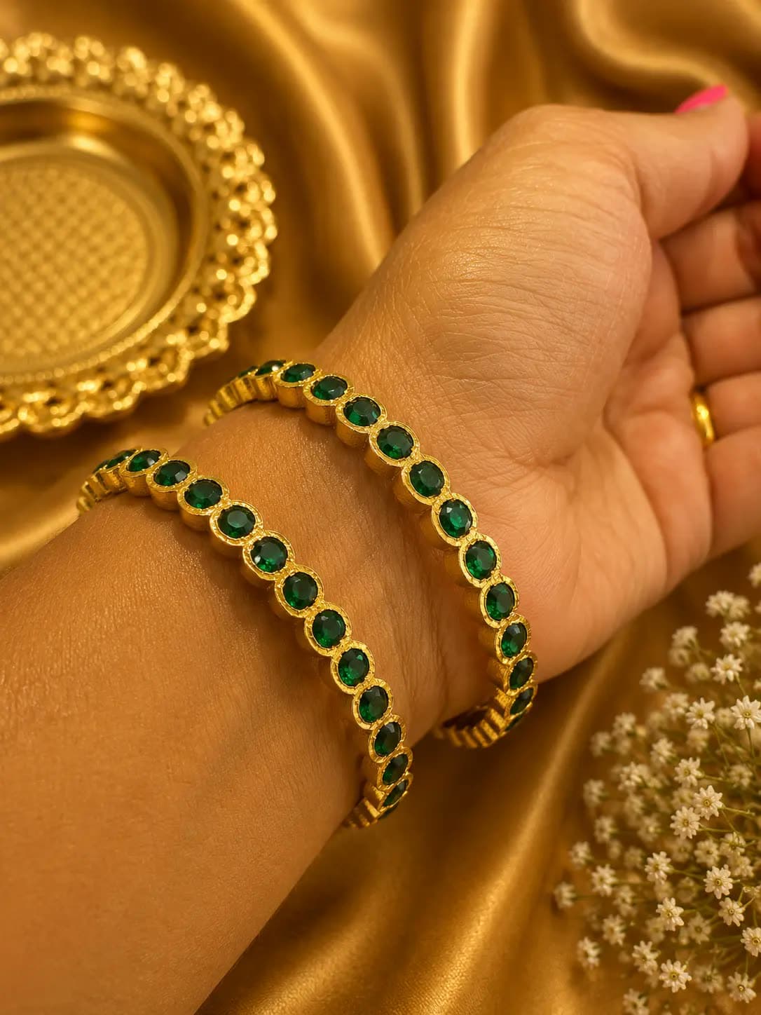 Gold-Tone Emerald Green Stone Bangle Set
