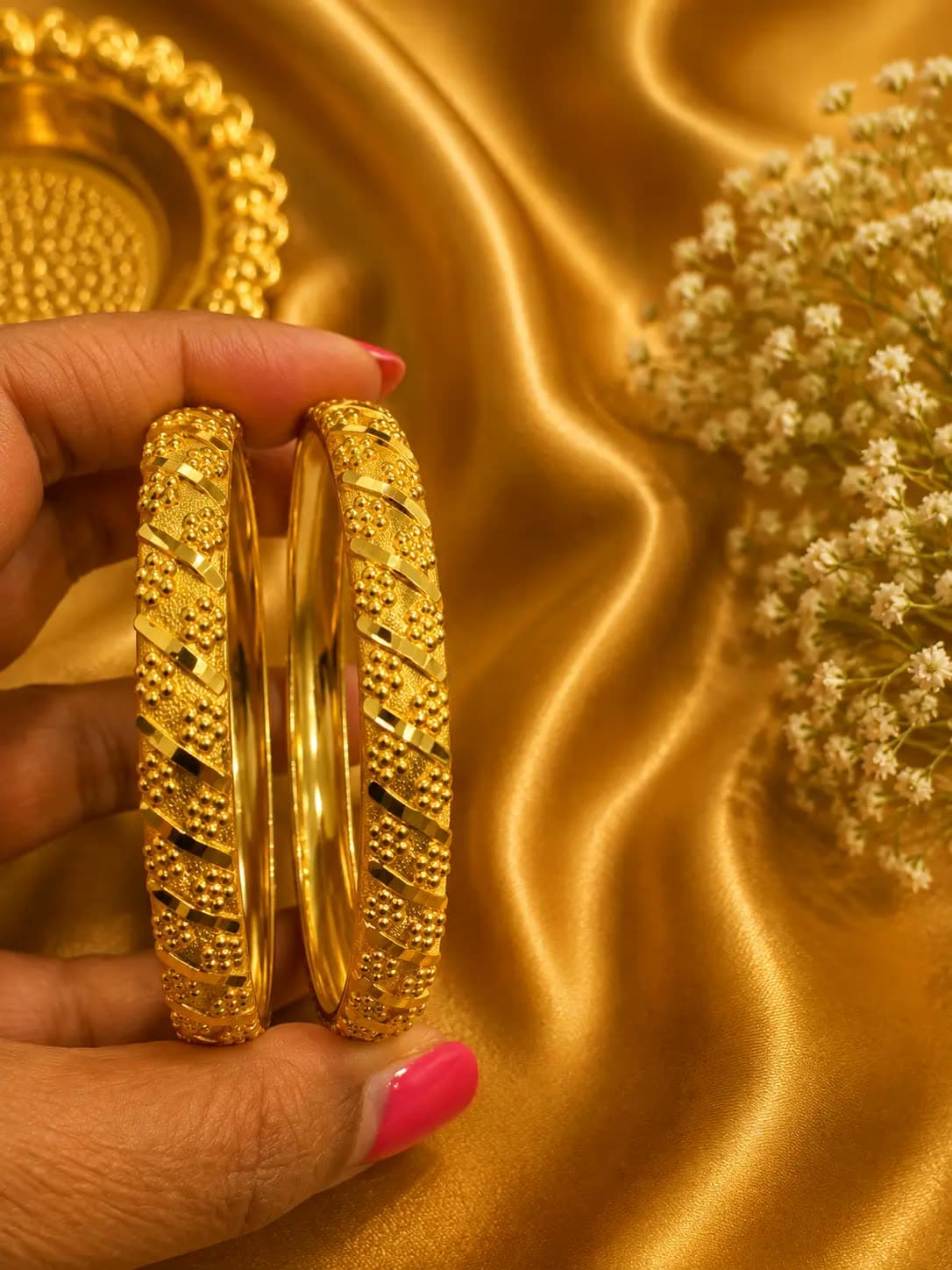 Gold-Tone Beaded Diagonal Cut Bangle Set