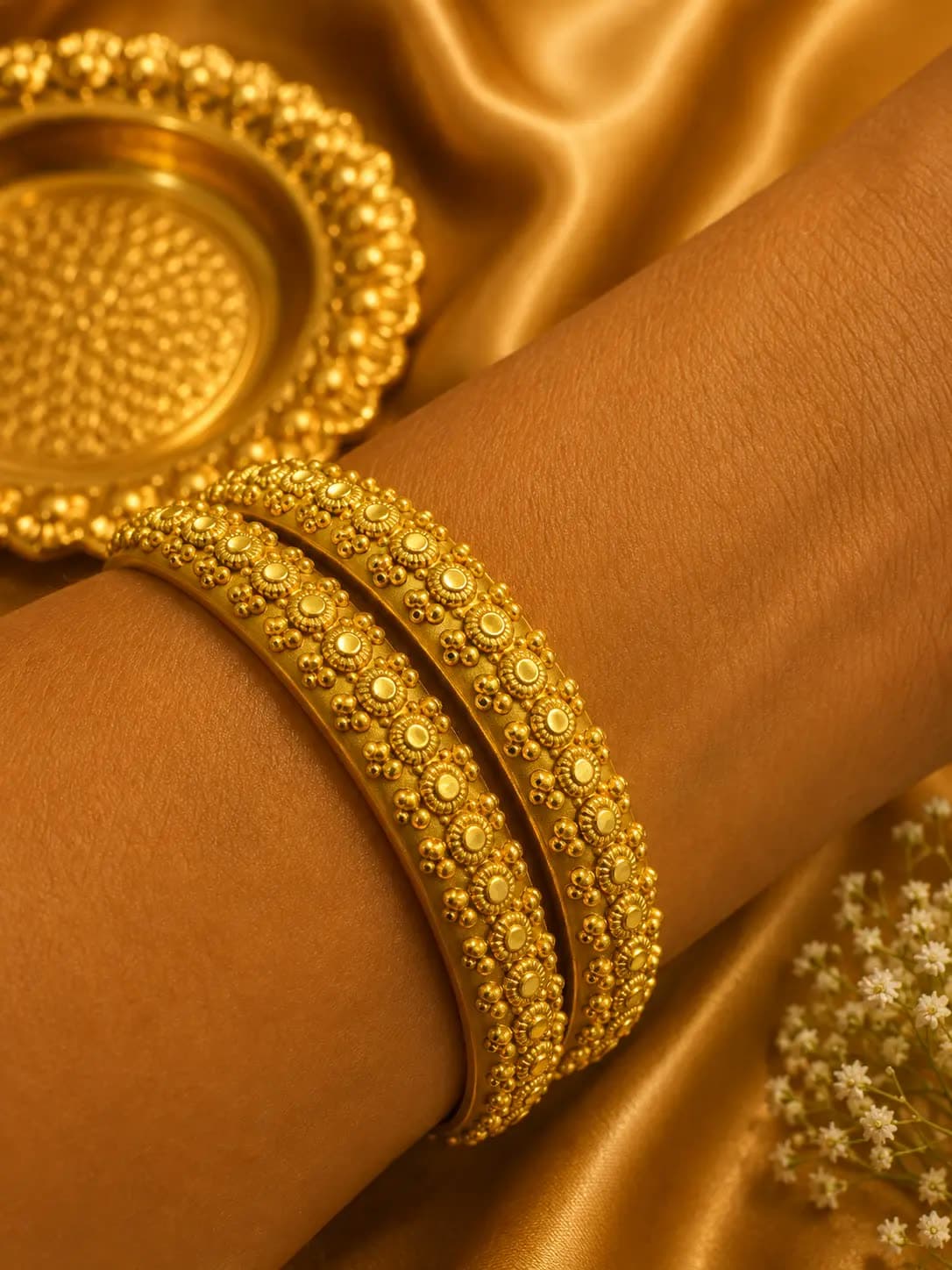 Gold-Tone Floral Beaded Broad Bangle Set