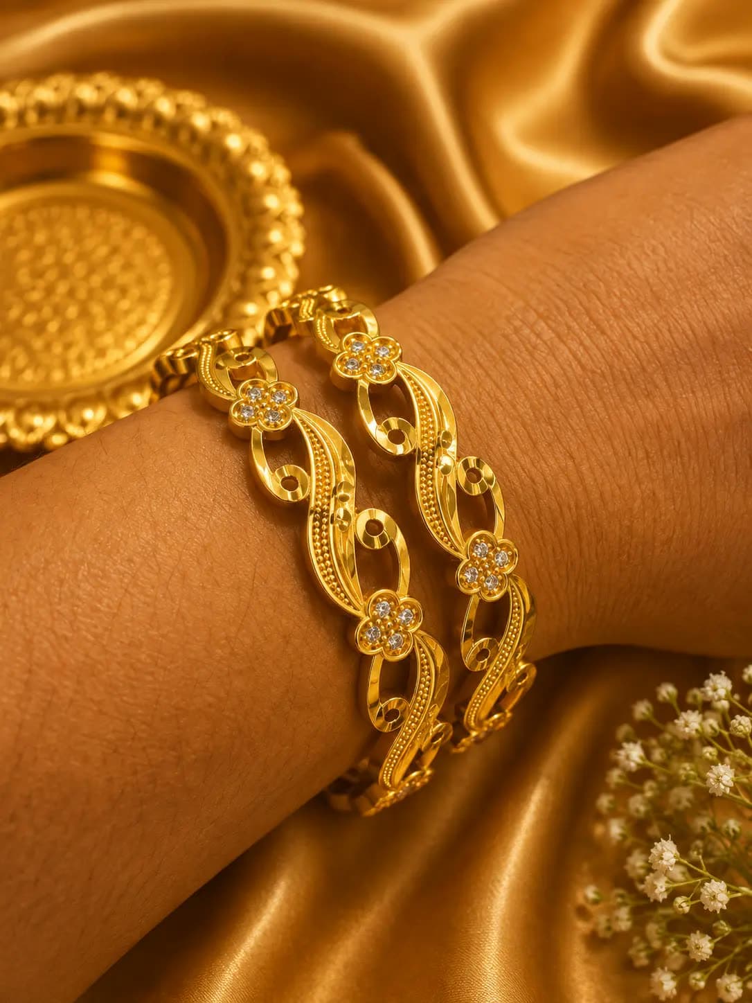 Gold-Tone Floral CZ Swirl Bangle Set
