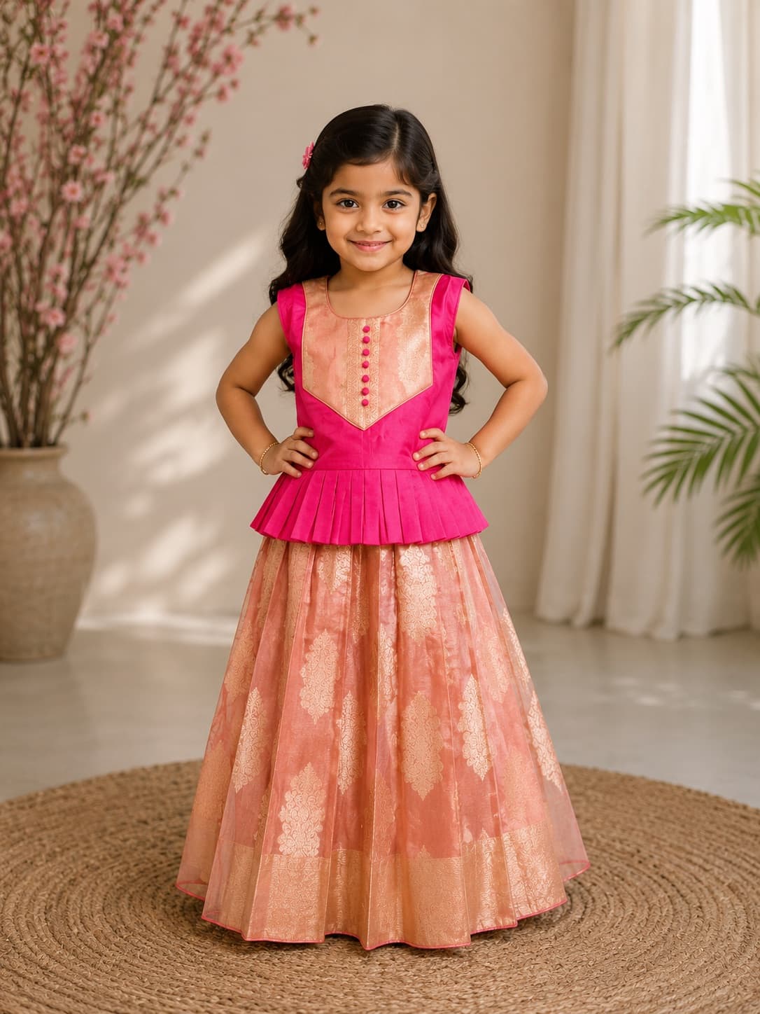 Girls Peach & Pink Traditional Pattu Pavadai Set