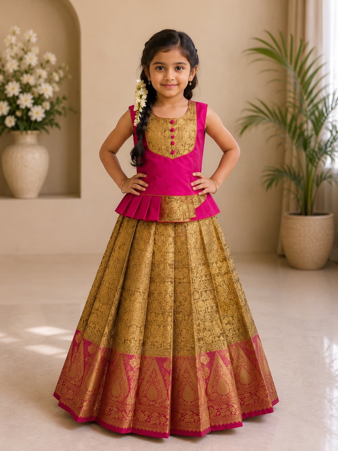 Girls Gold & Rani Pink Traditional Pattu Pavadai Set