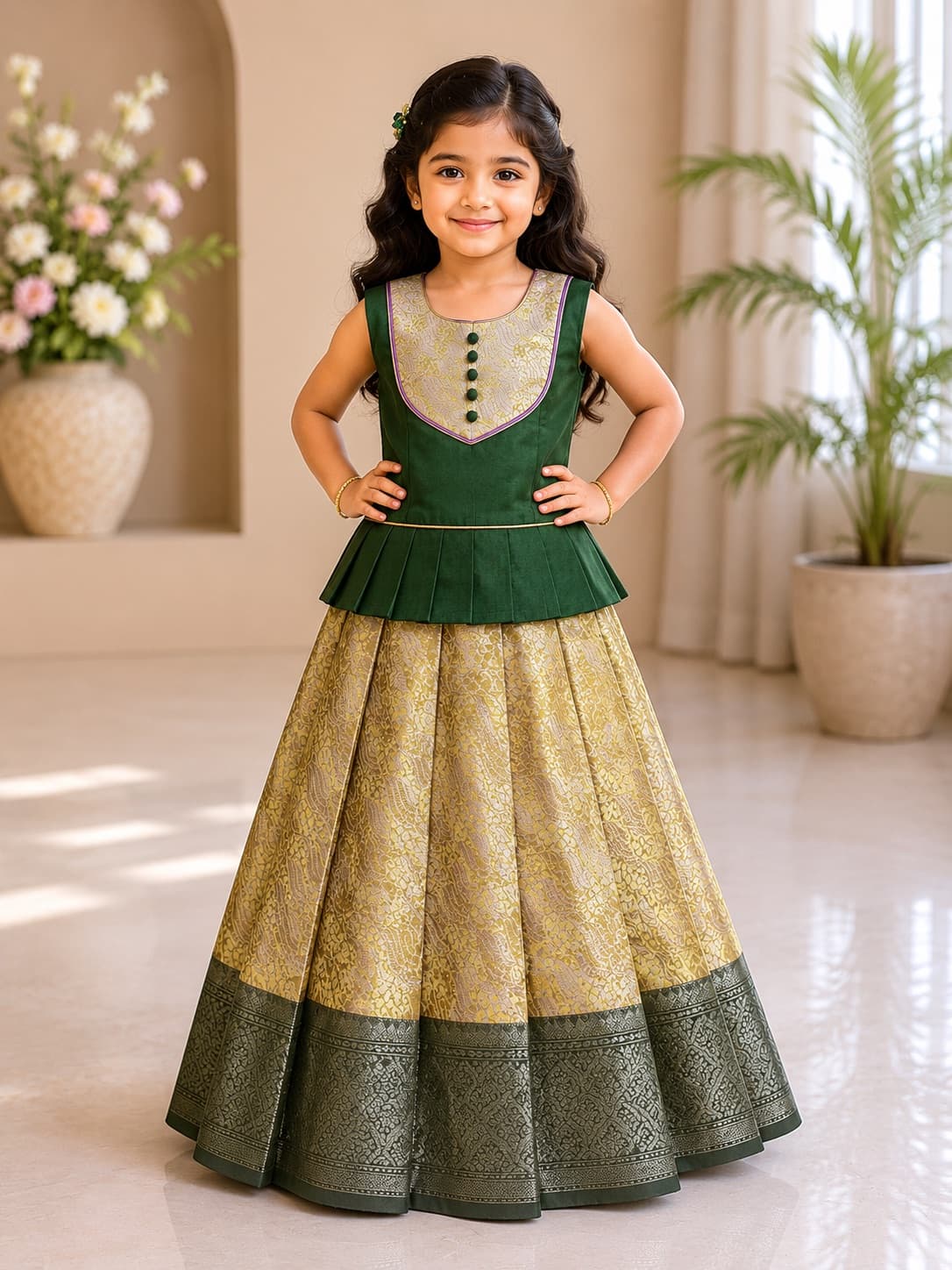 Girls Green Traditional Pattu Pavadai Set