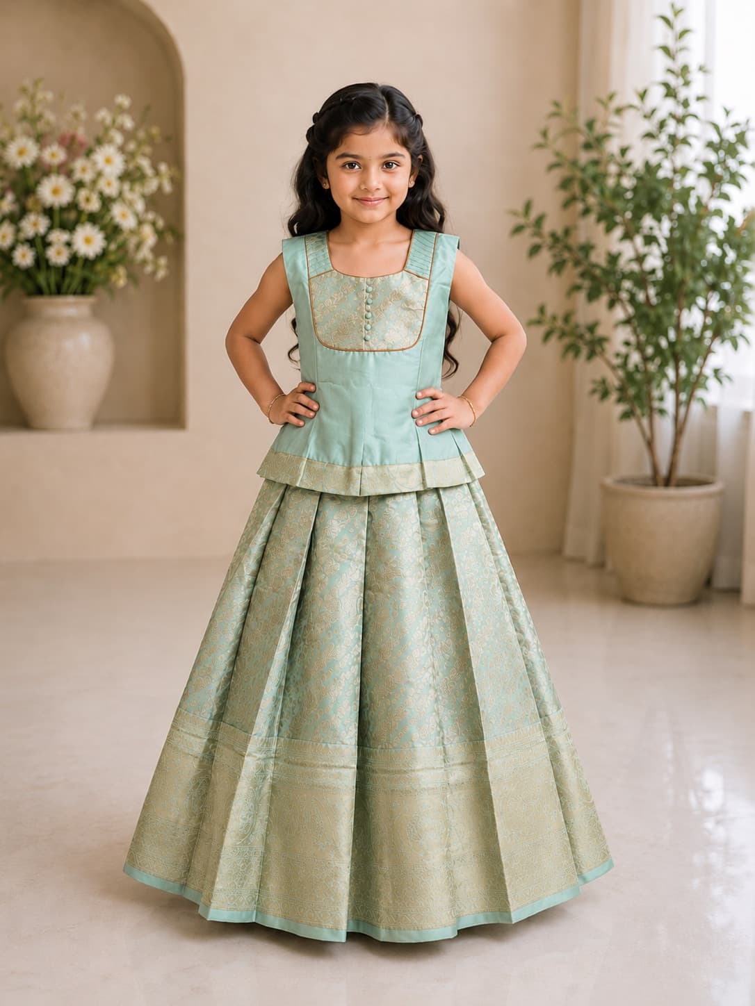 Girls Pastel Green Traditional Pattu Pavadai Set