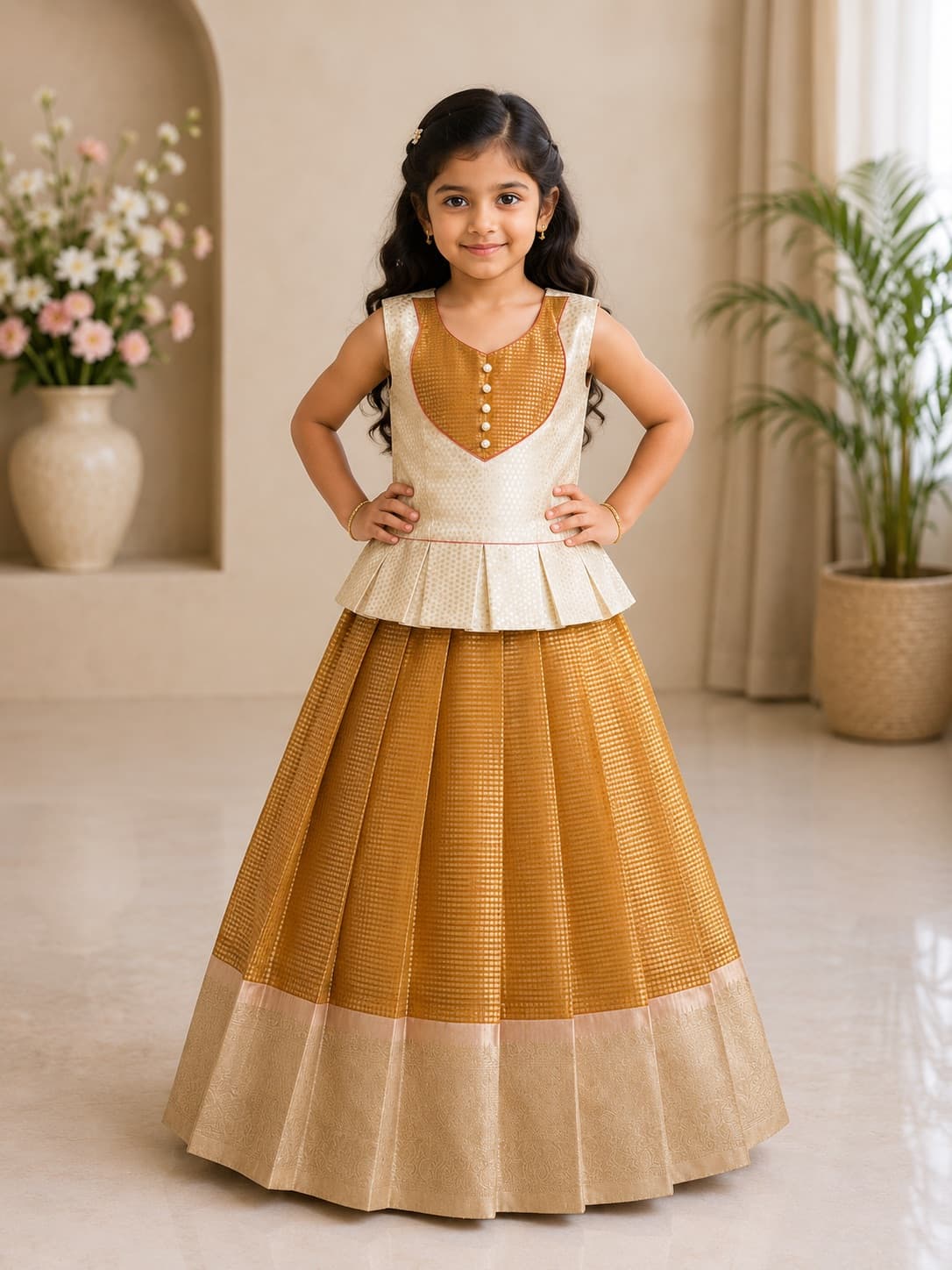 Girls Yellow Traditional Pattu Pavadai Set