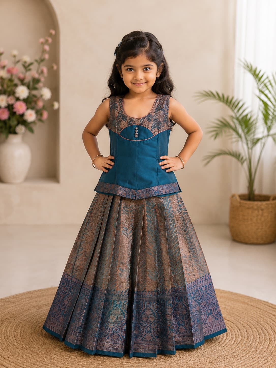 Girls Blue Traditional Pattu Pavadai Set