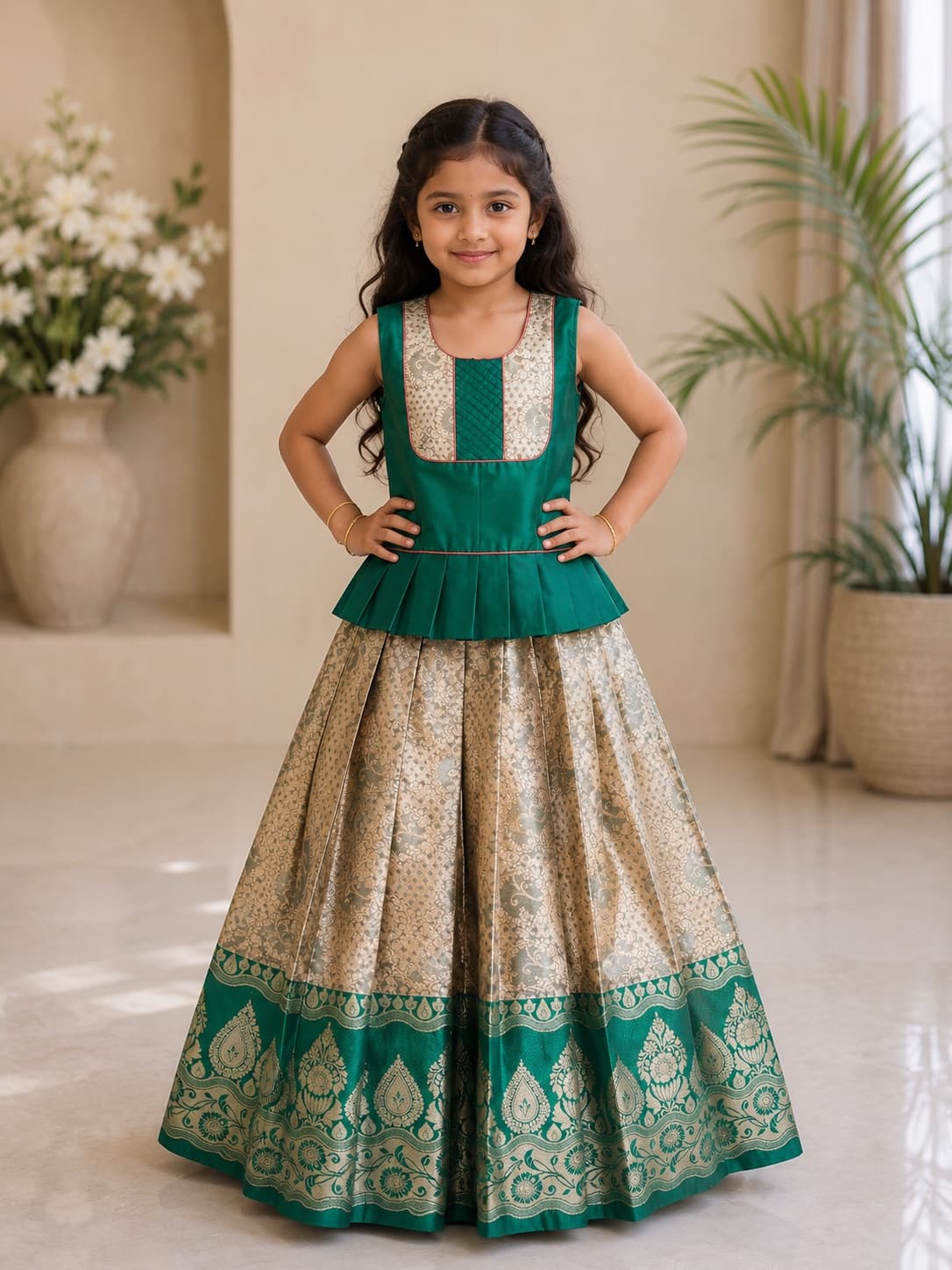 Girls Turquoise Green Traditional Pattu Pavadai Set