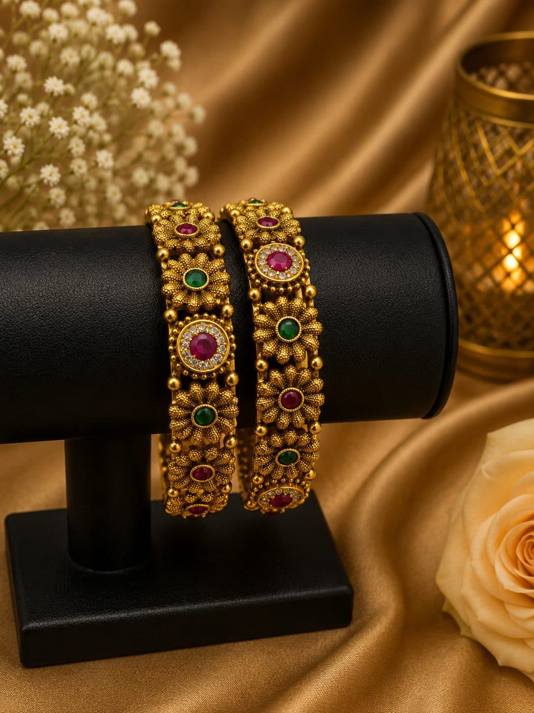 Antique Style Floral Bangles With Green & Pink Stone Work