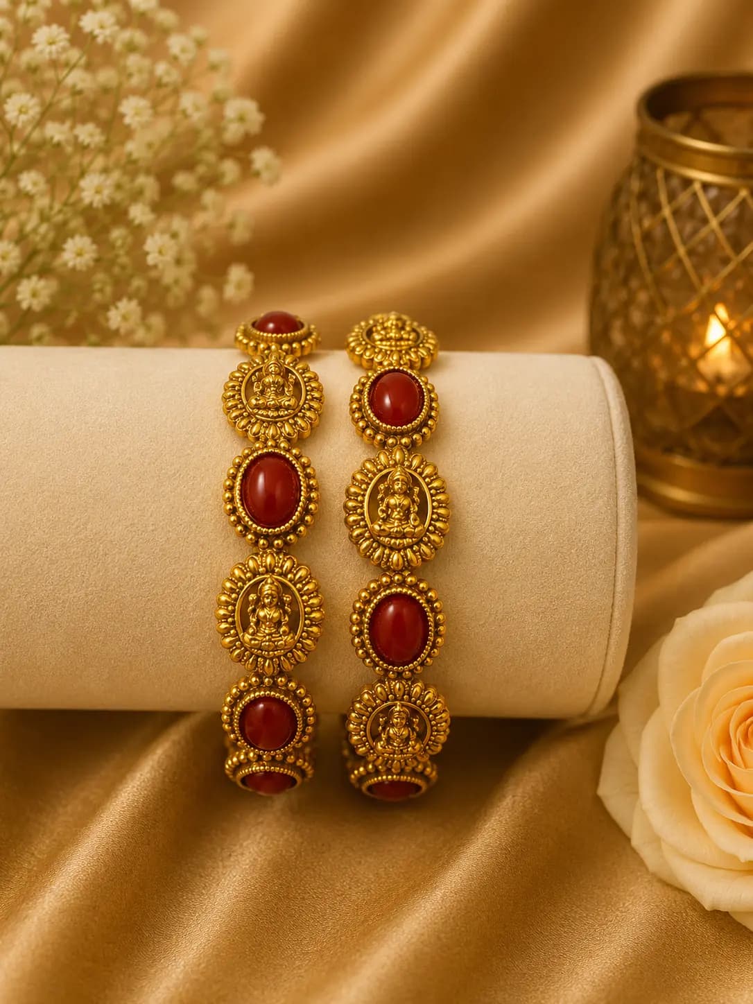 Micro Plated Gold Lakshmi Red Stone Bangle Set