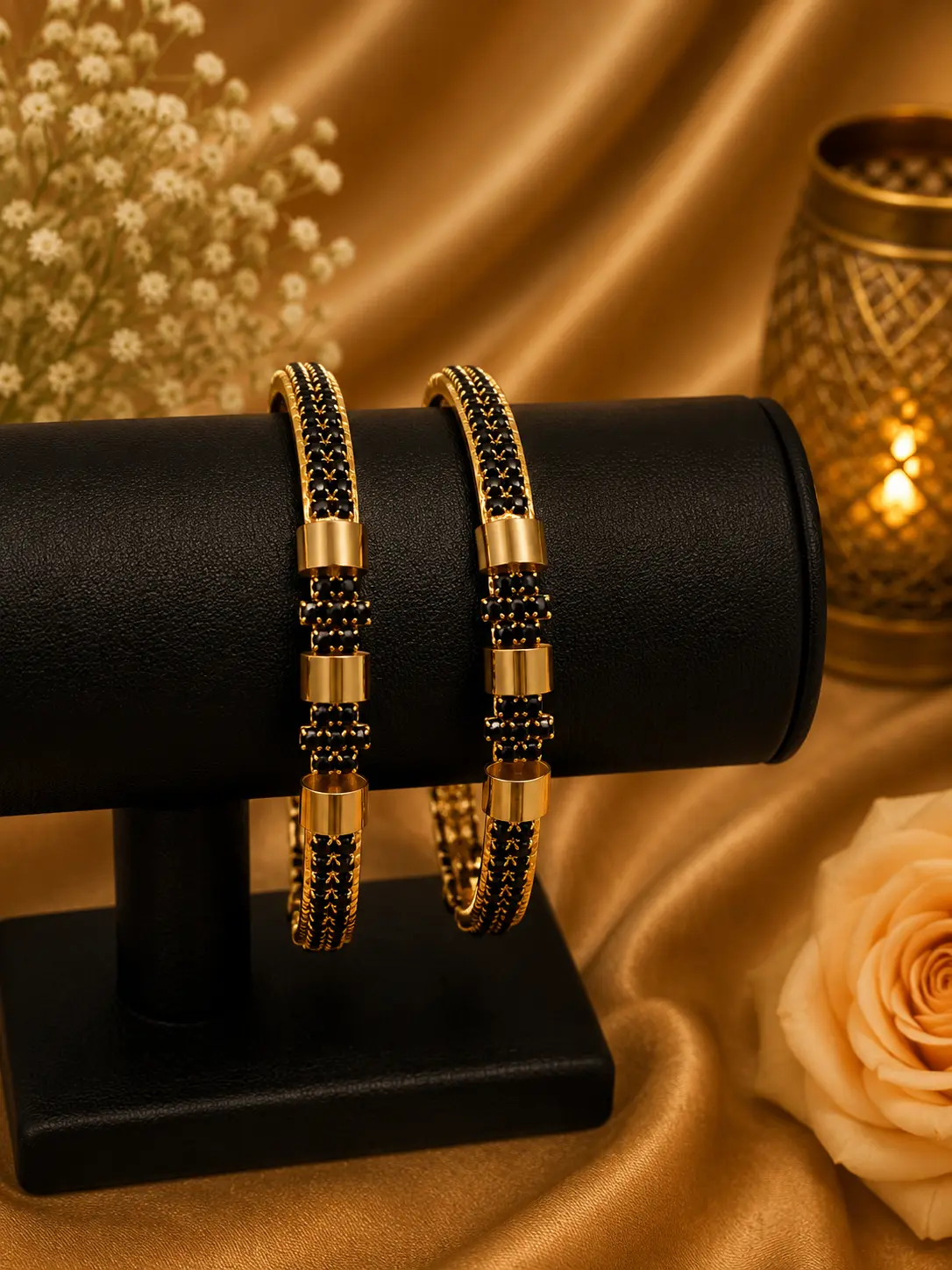 Micro Plated Gold Black Bead Bangle Set
