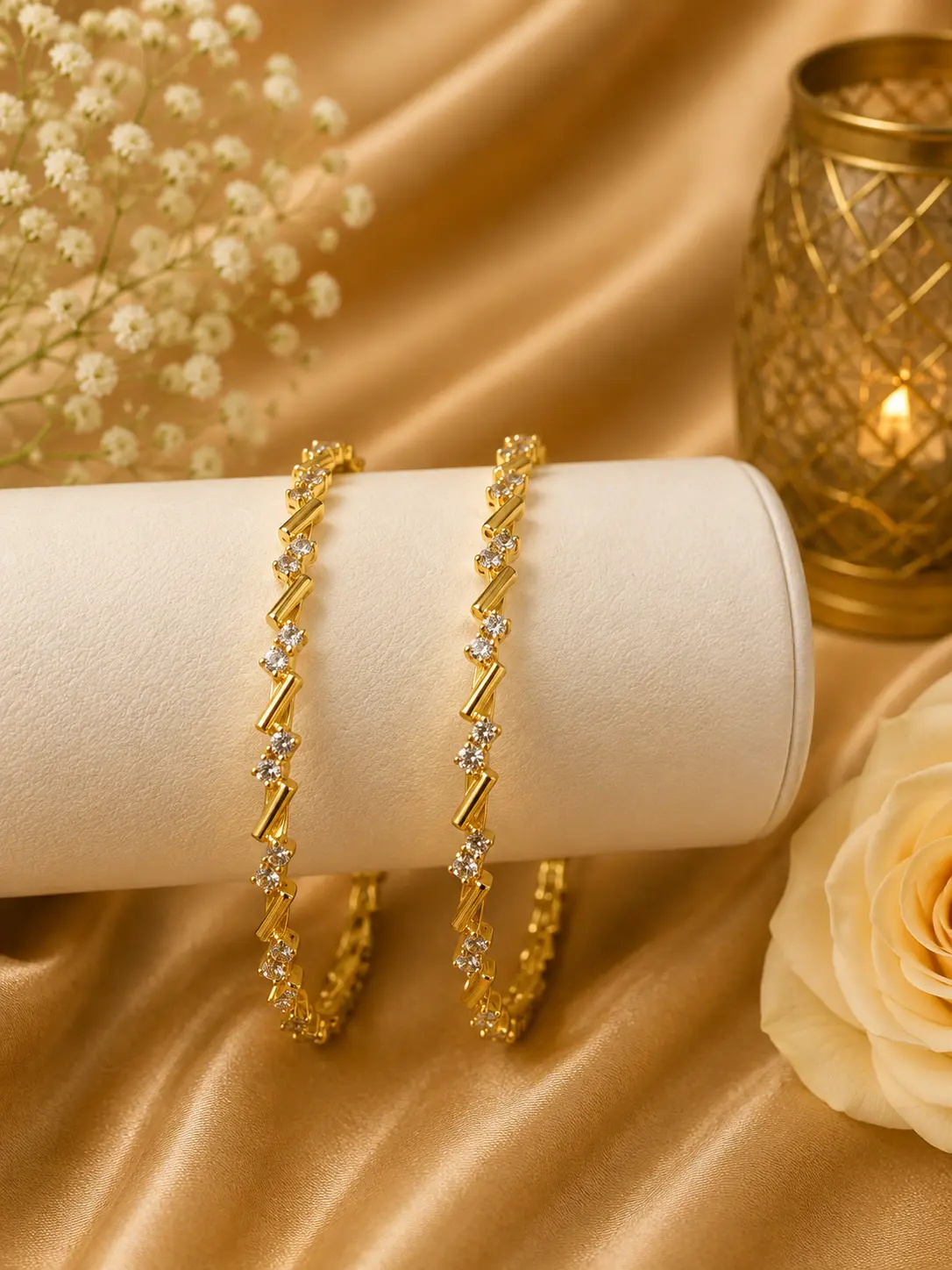 Micro Plated Gold Zigzag White Stone Bangle Set