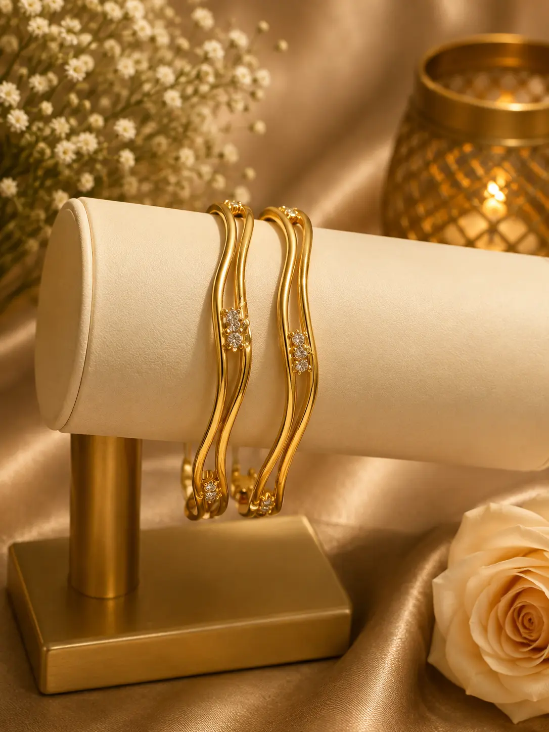 Micro Plated Gold Wavy White Stone Bangle Set