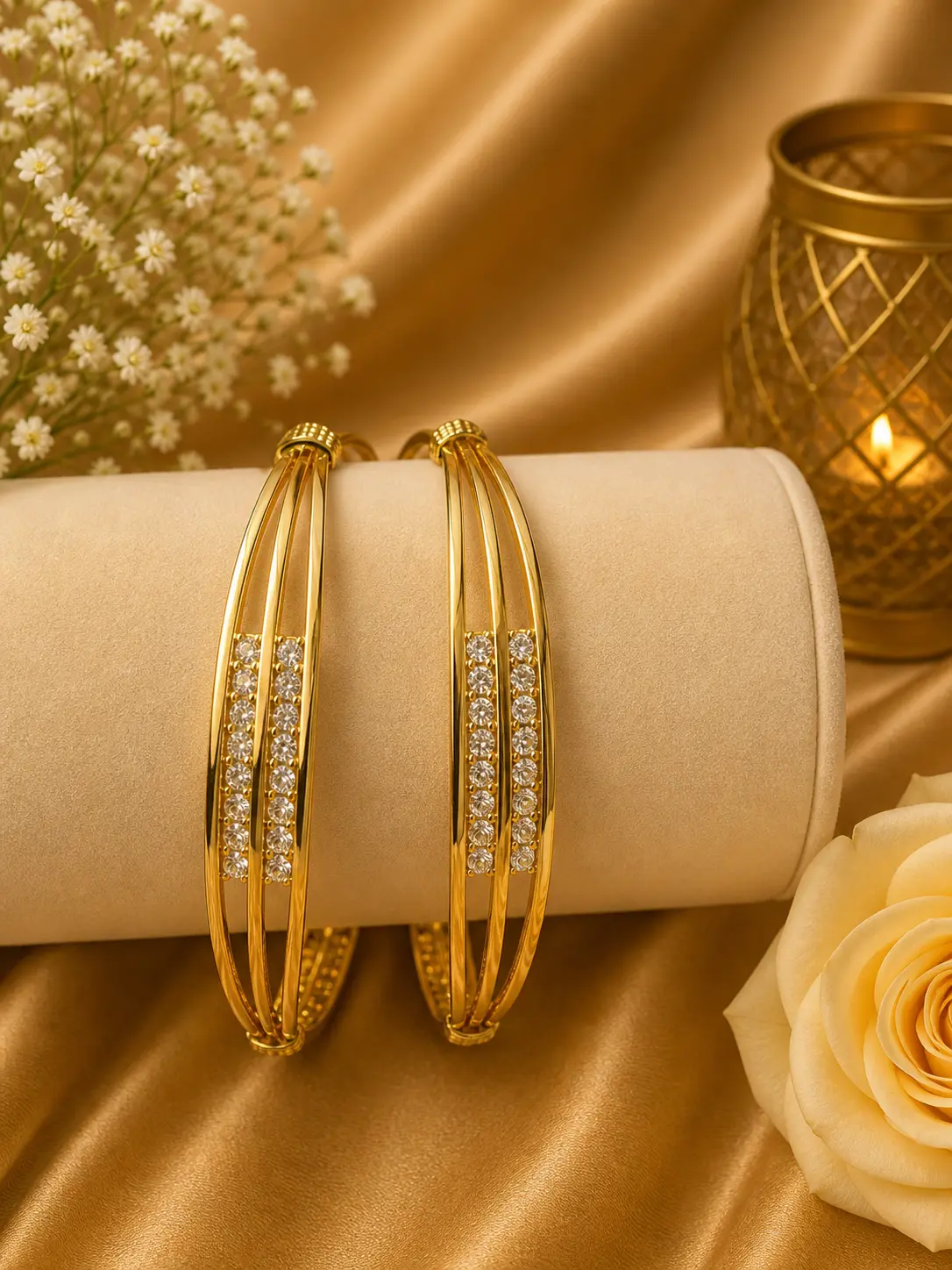 Micro Plated Gold Triple Line White Stone Bangle Set