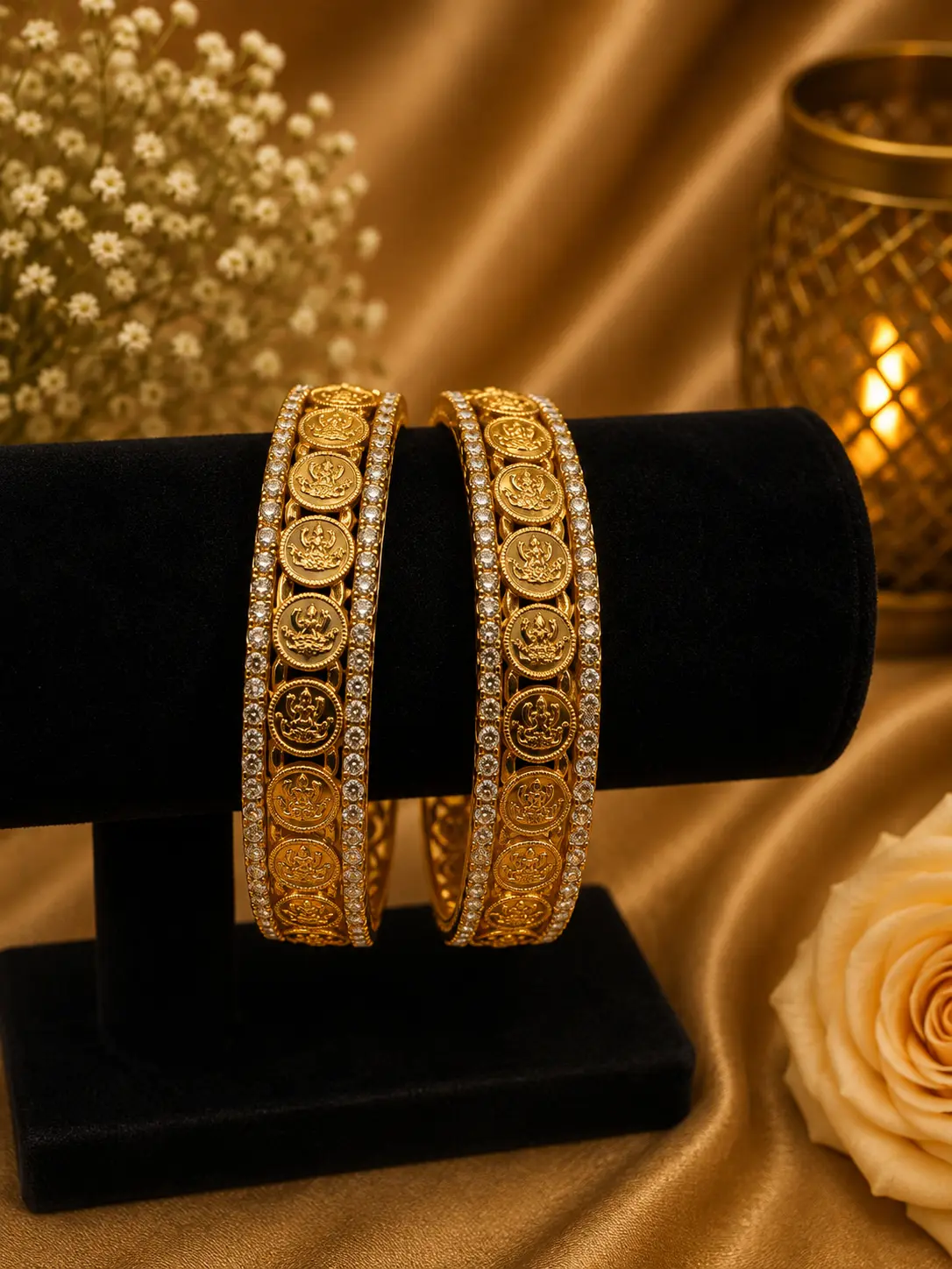 Micro Plated Gold Lakshmi Coin White Stone Bangle Set