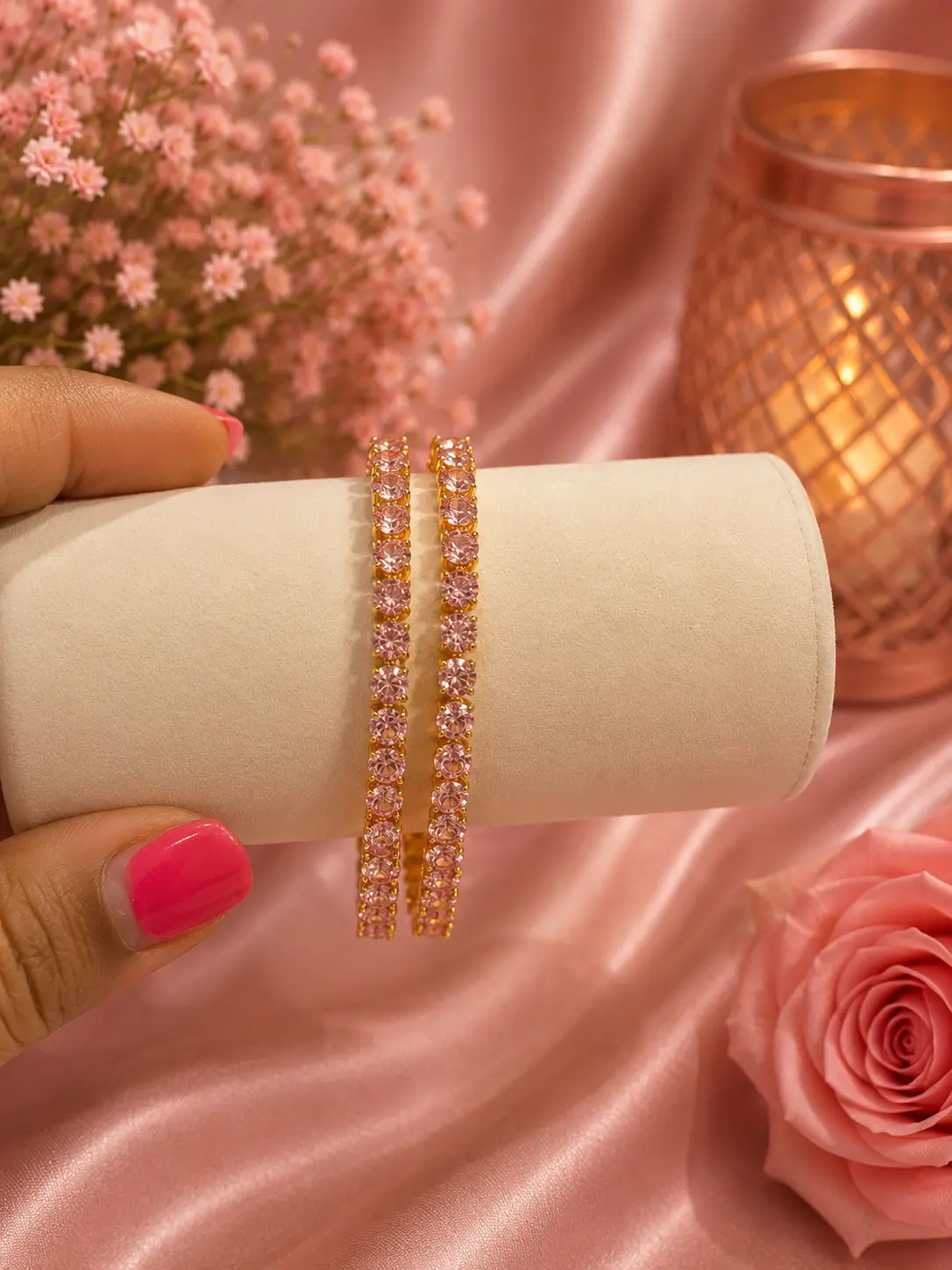 AD Micro Plated Gold Light Pink Stone Bangle Set
