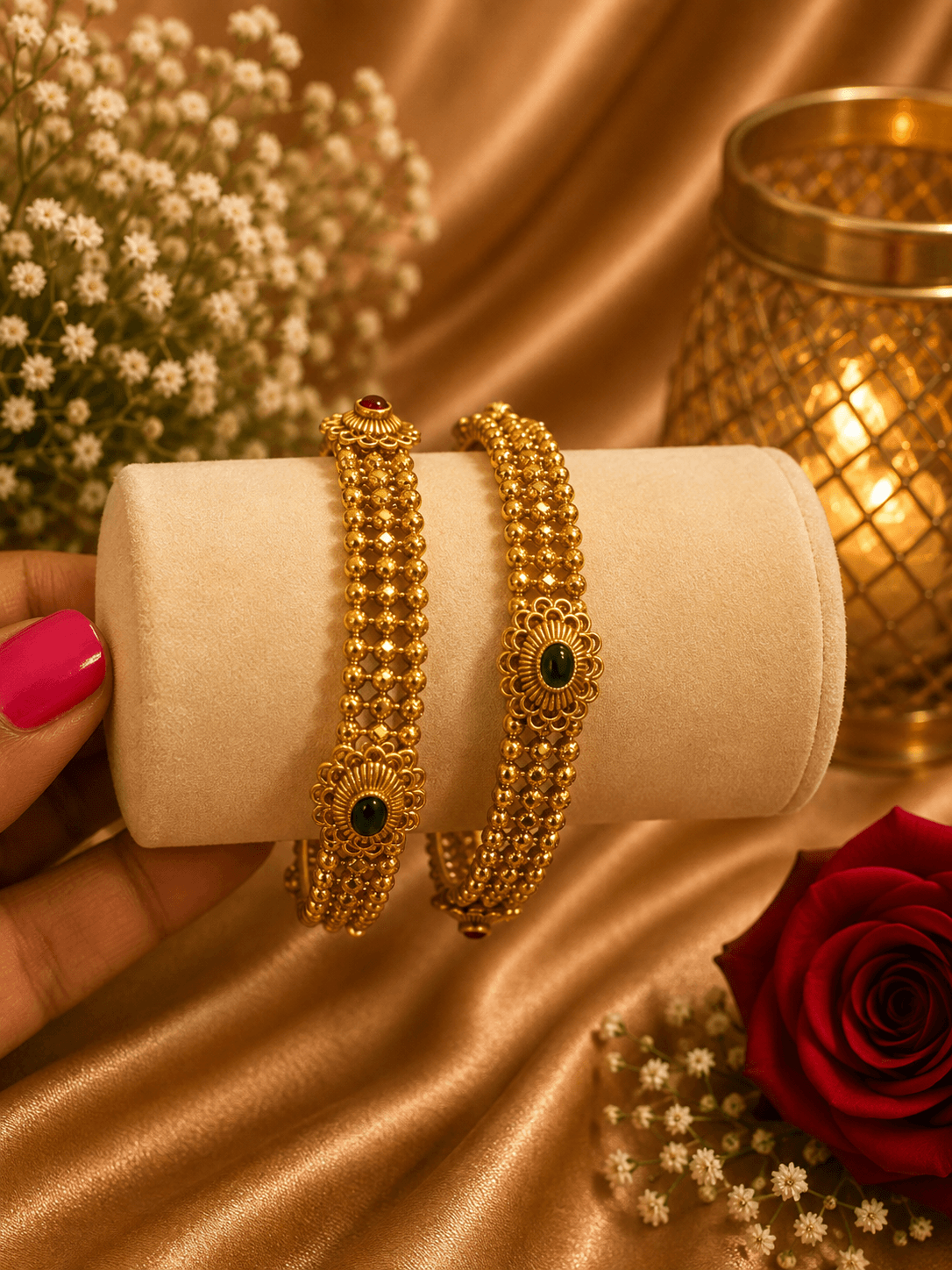 Traditional Gold Plated Bangle Set With Green & Pink Gemstones