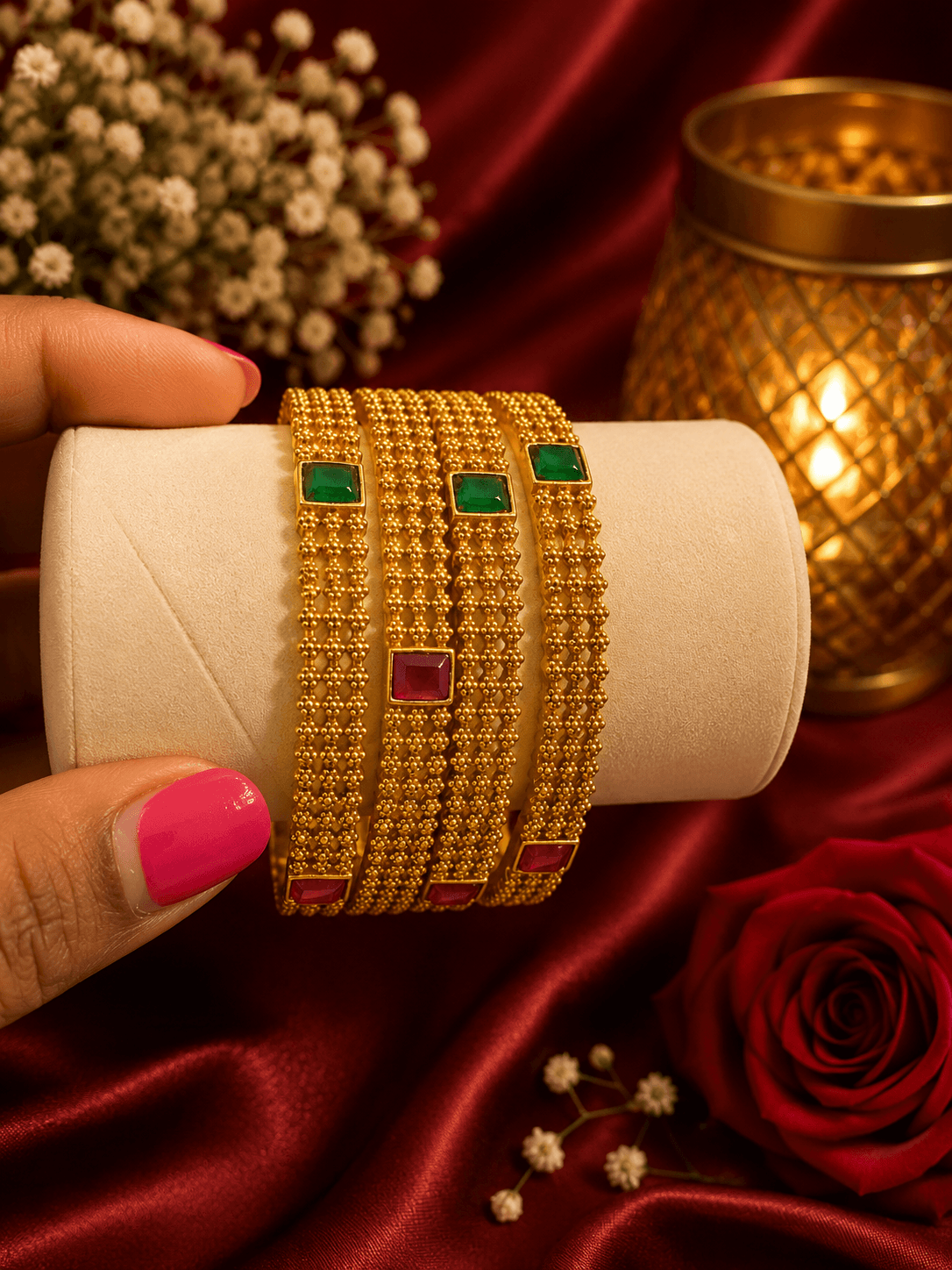 Matte Gold Bangle Set With Ruby & Emerald Stones