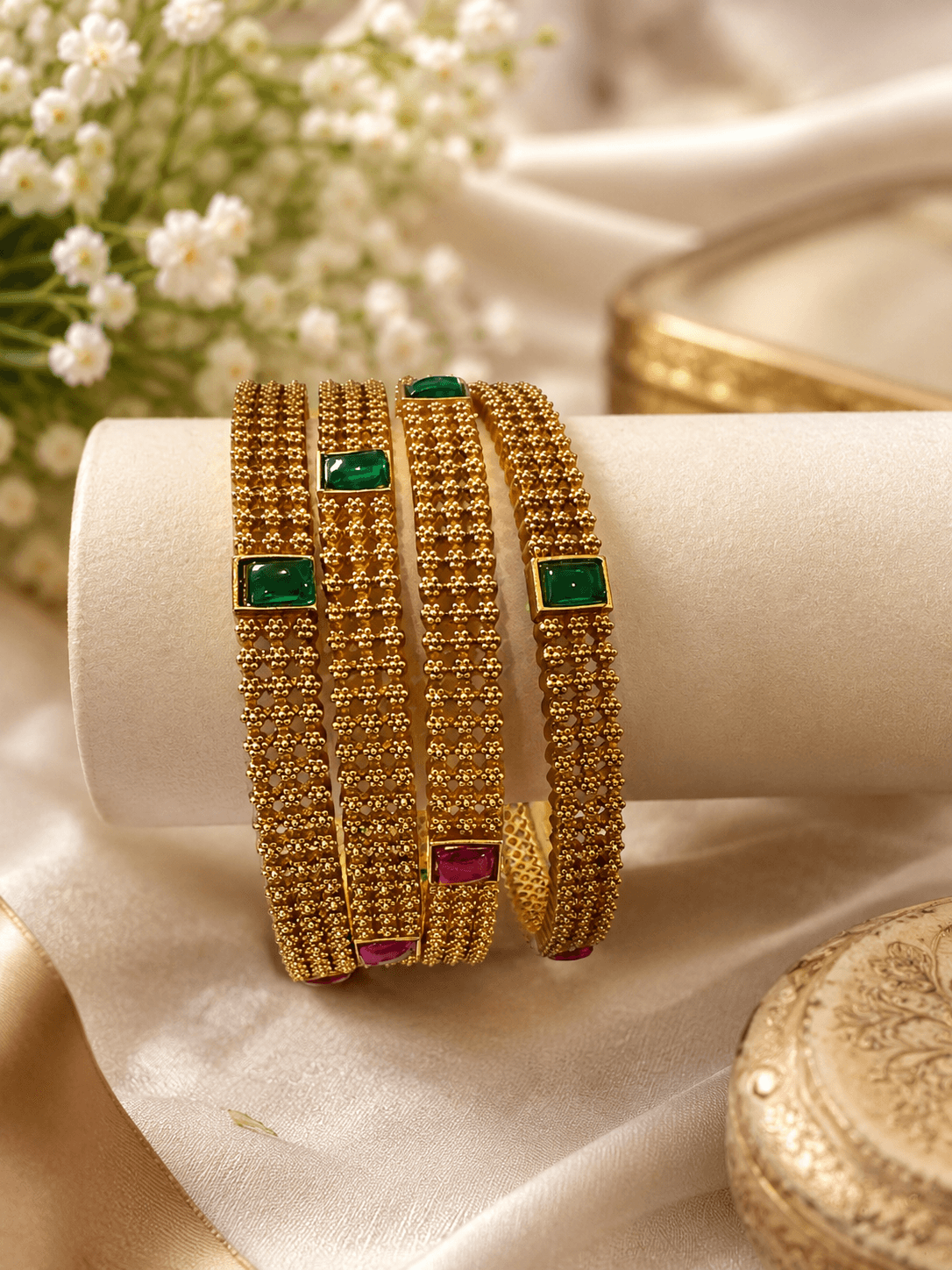 Textured Gold Plated Bangles With Green & Ruby Stones