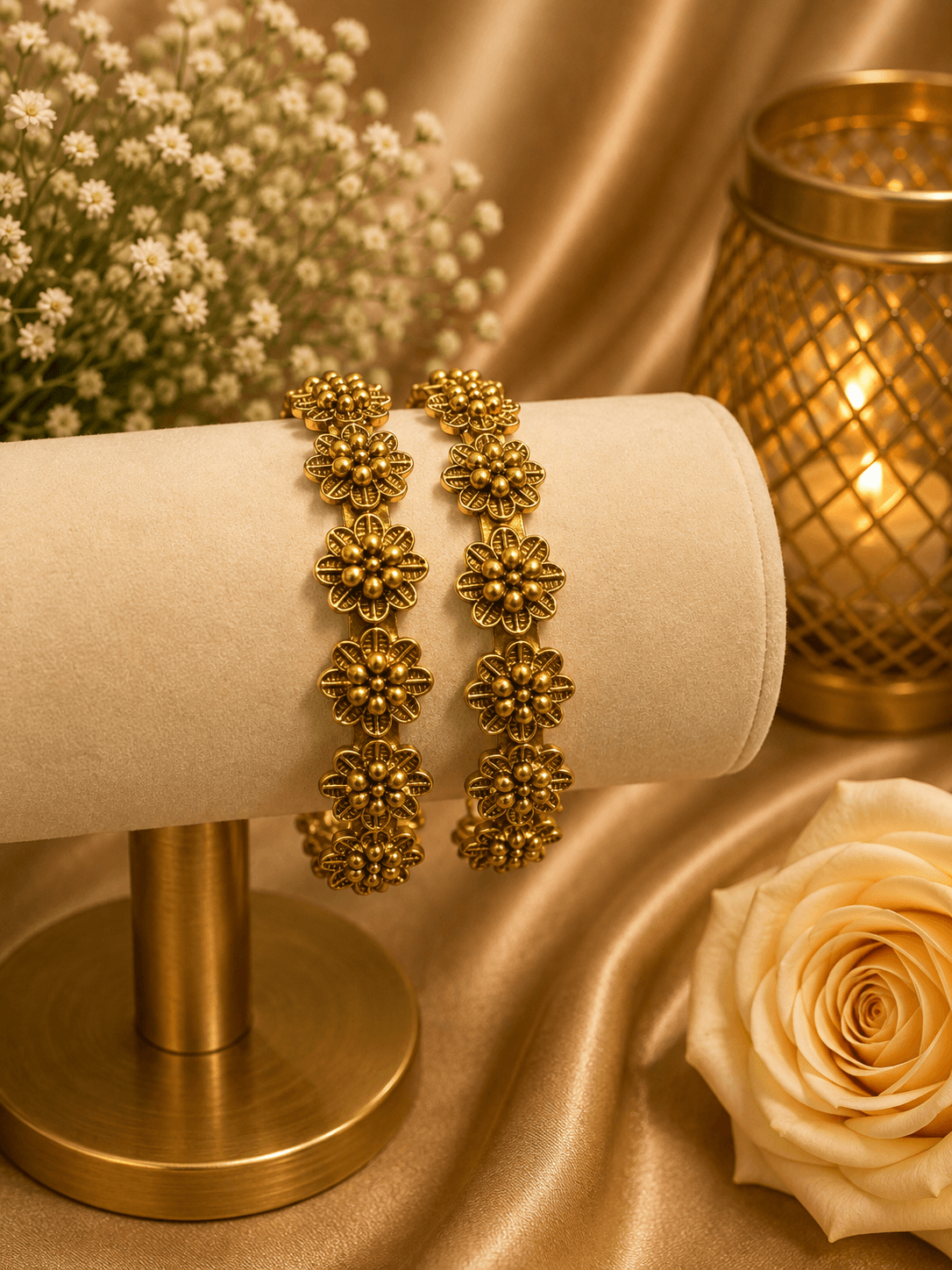 Antique Gold-Plated Floral Beaded Bangle Pair