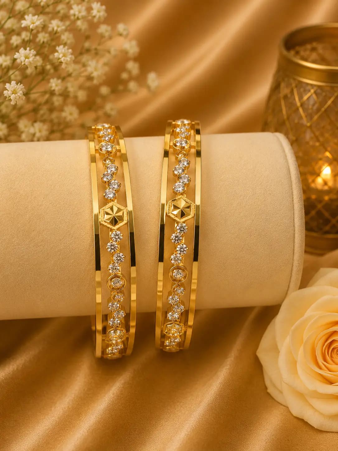 Micro Plated Gold White Stone Hexagon Bangle Set