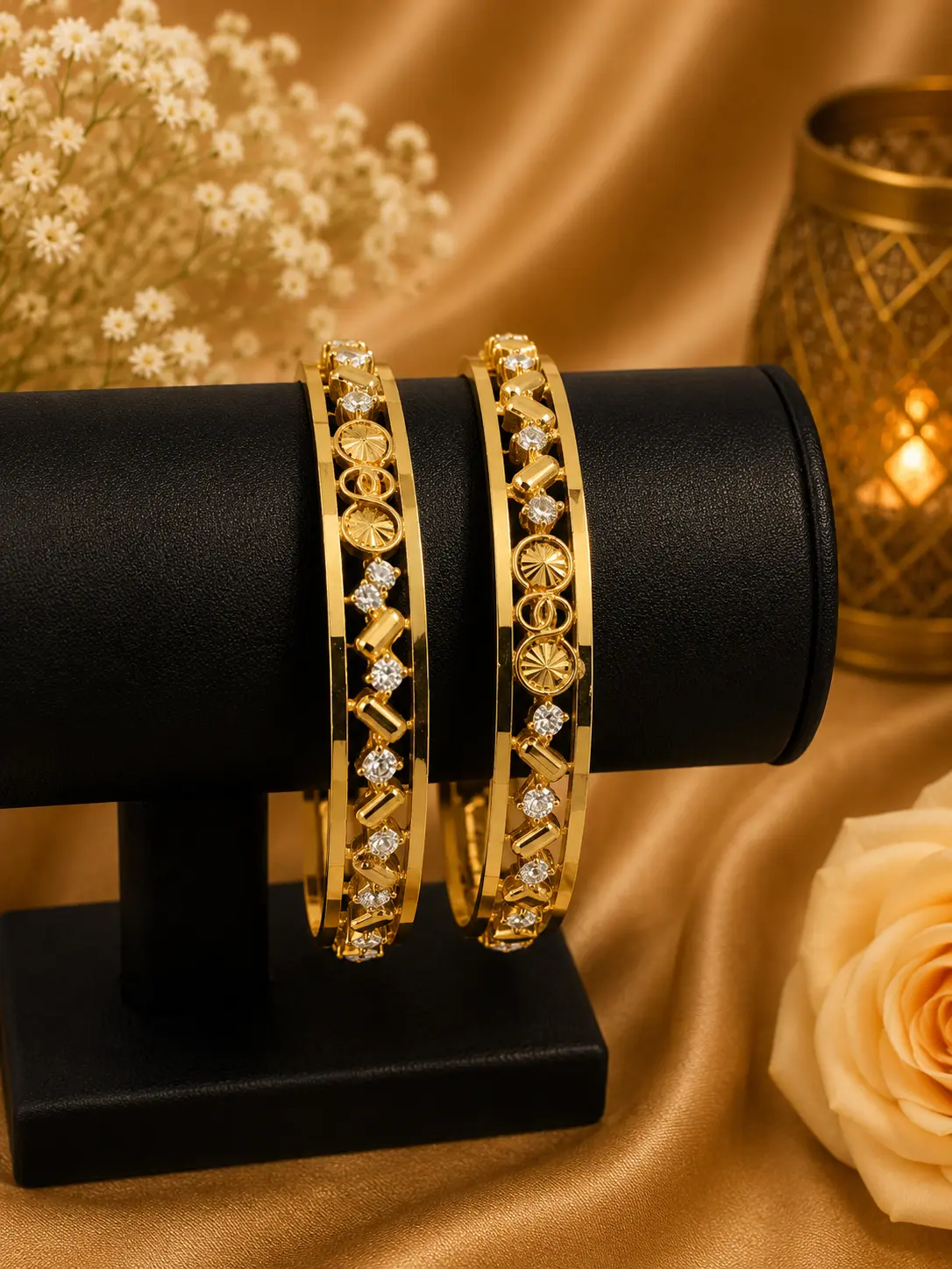 Micro Plated Gold White Stone Designer Bangle Set