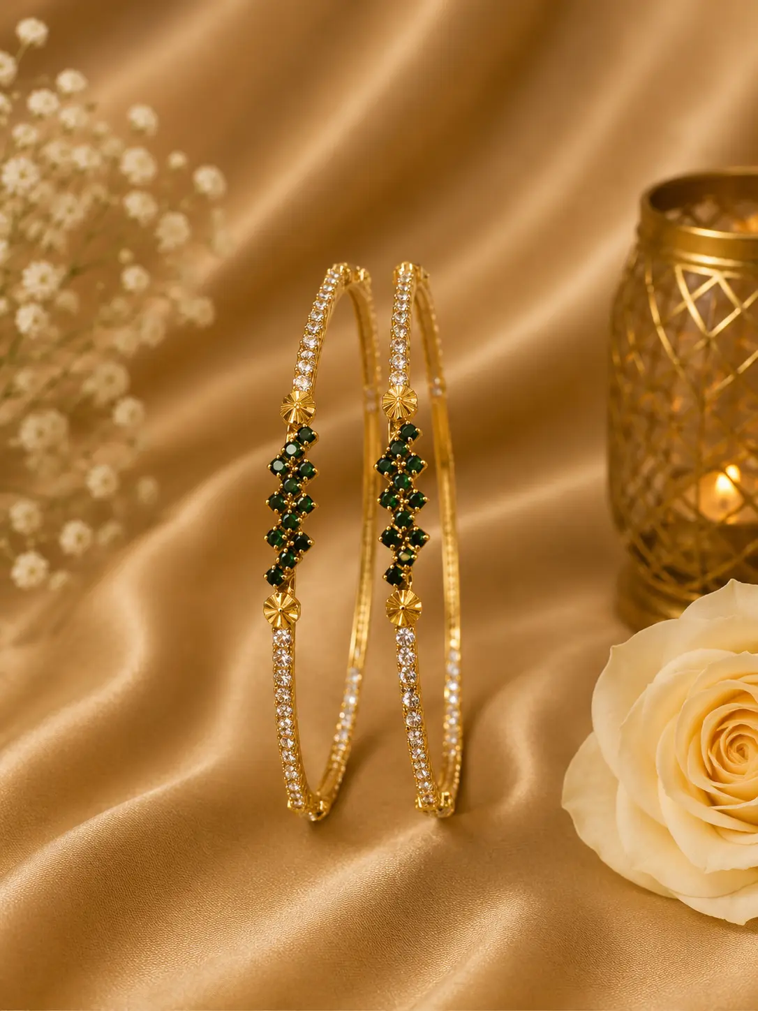 Micro Plated Gold Green White Stone Bangle Set