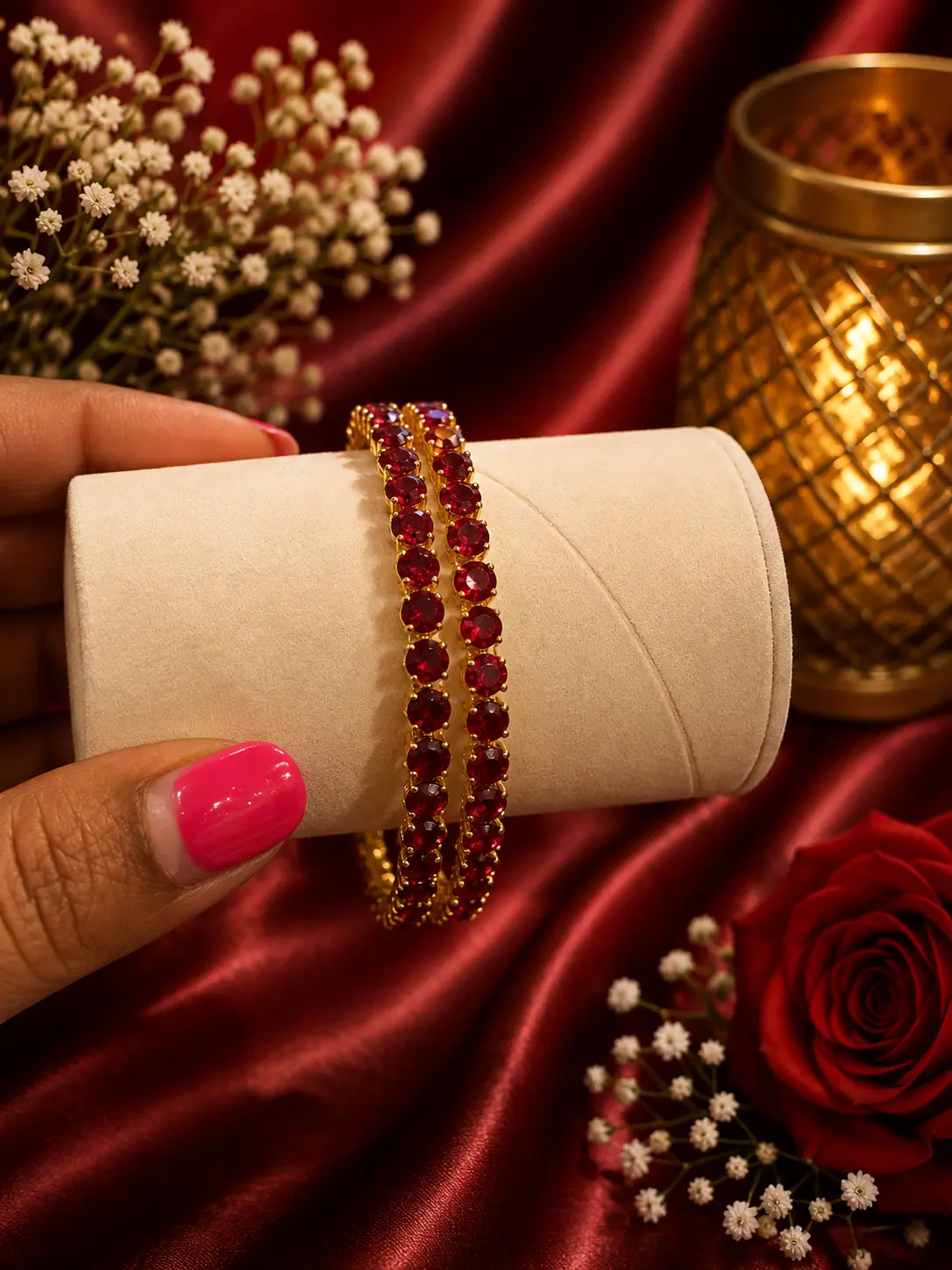 AD Micro Plated Gold Ruby Red Stone Bangle Set
