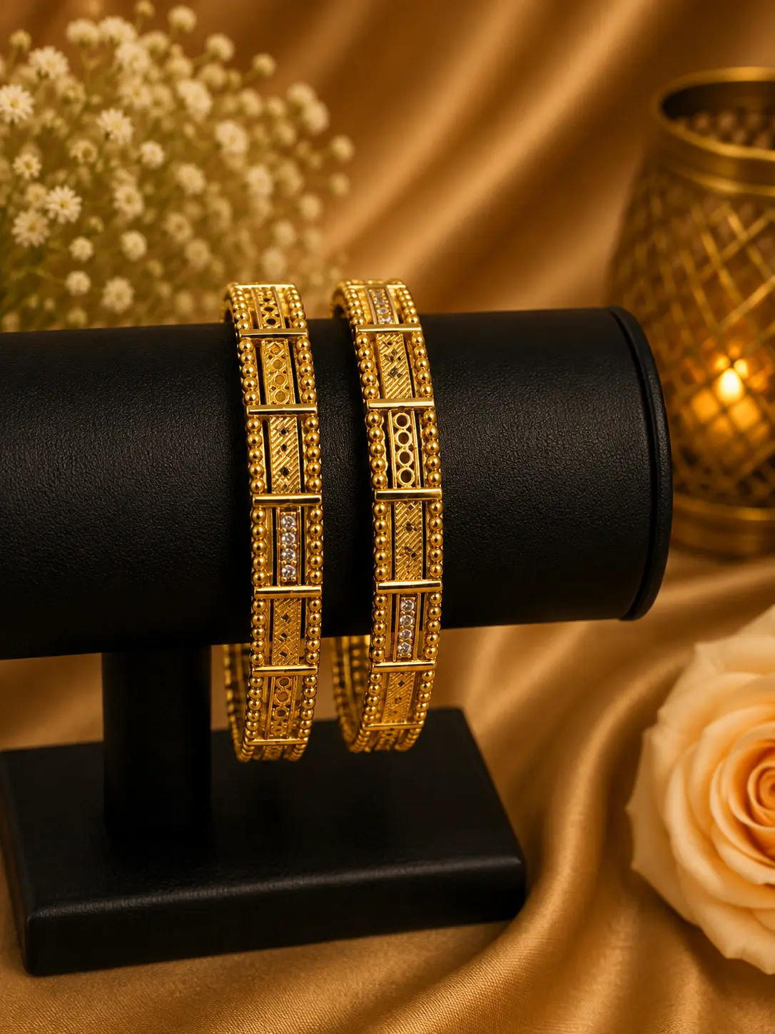 Micro Plated Gold Antique Broad Bangle Set