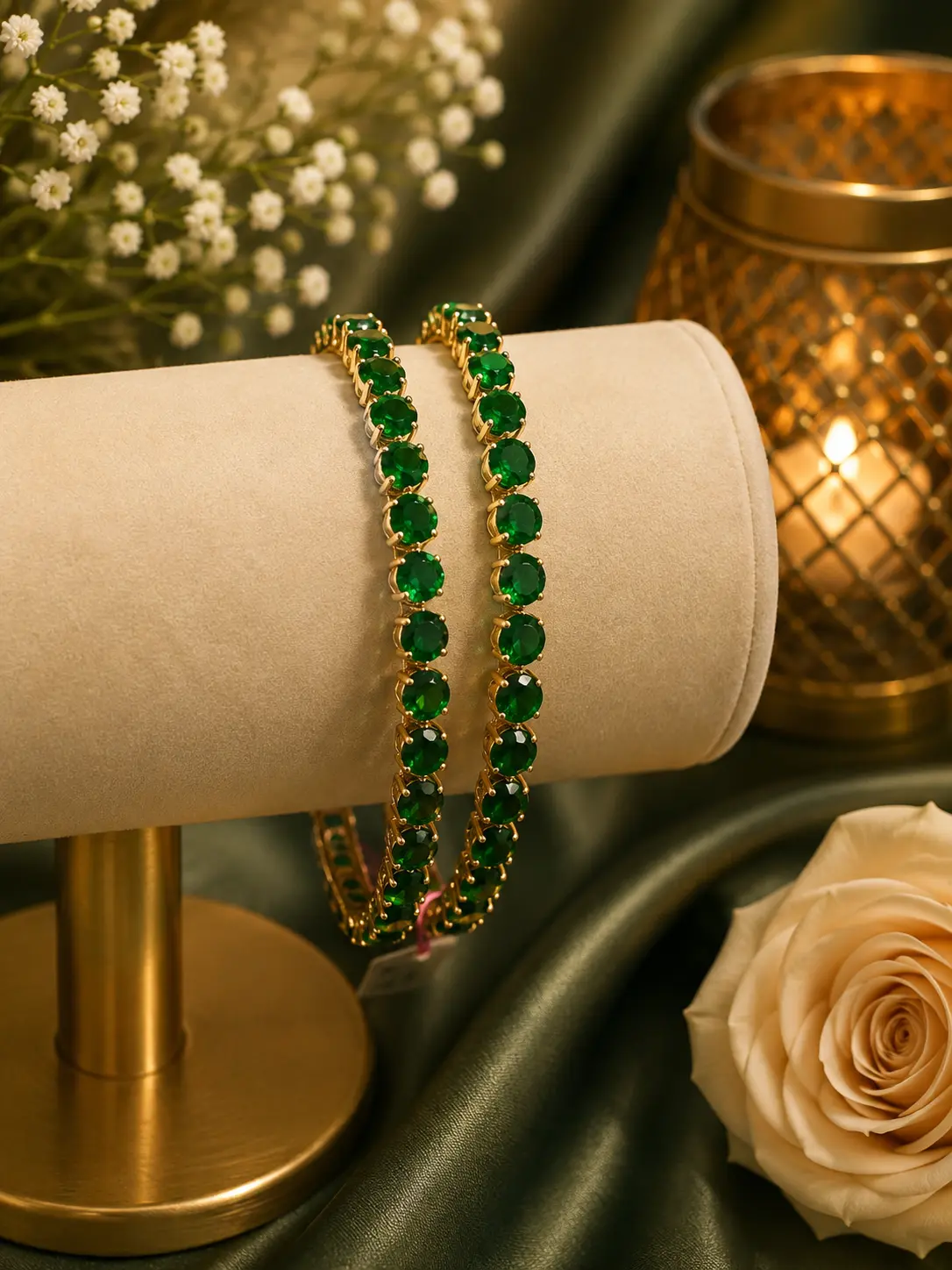 AD Micro Plated Gold Green Stone Bangle Set