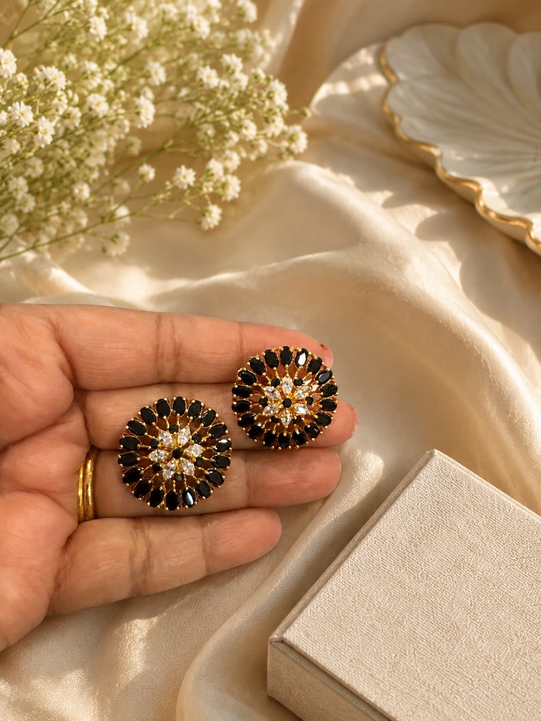 Black & Gold Stud Earrings Saree