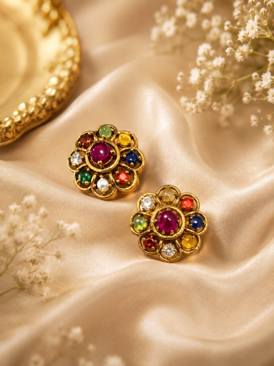 Floral Navratna Stud Earrings