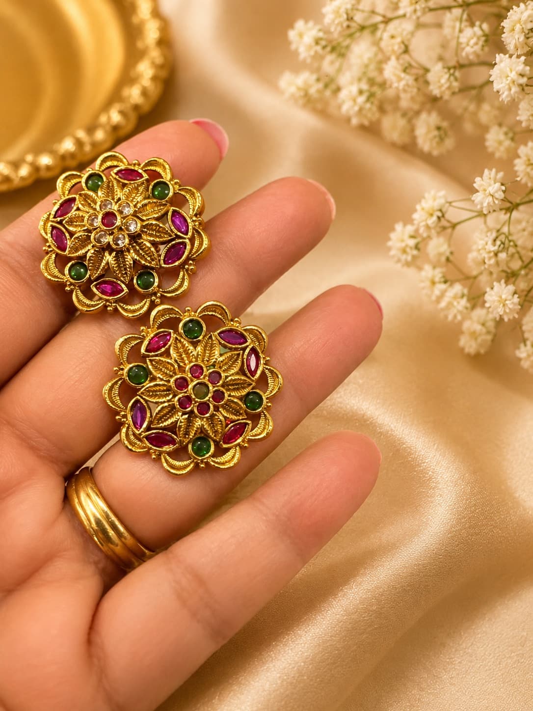 Antique Style Stud Earrings With Ruby And Emerald