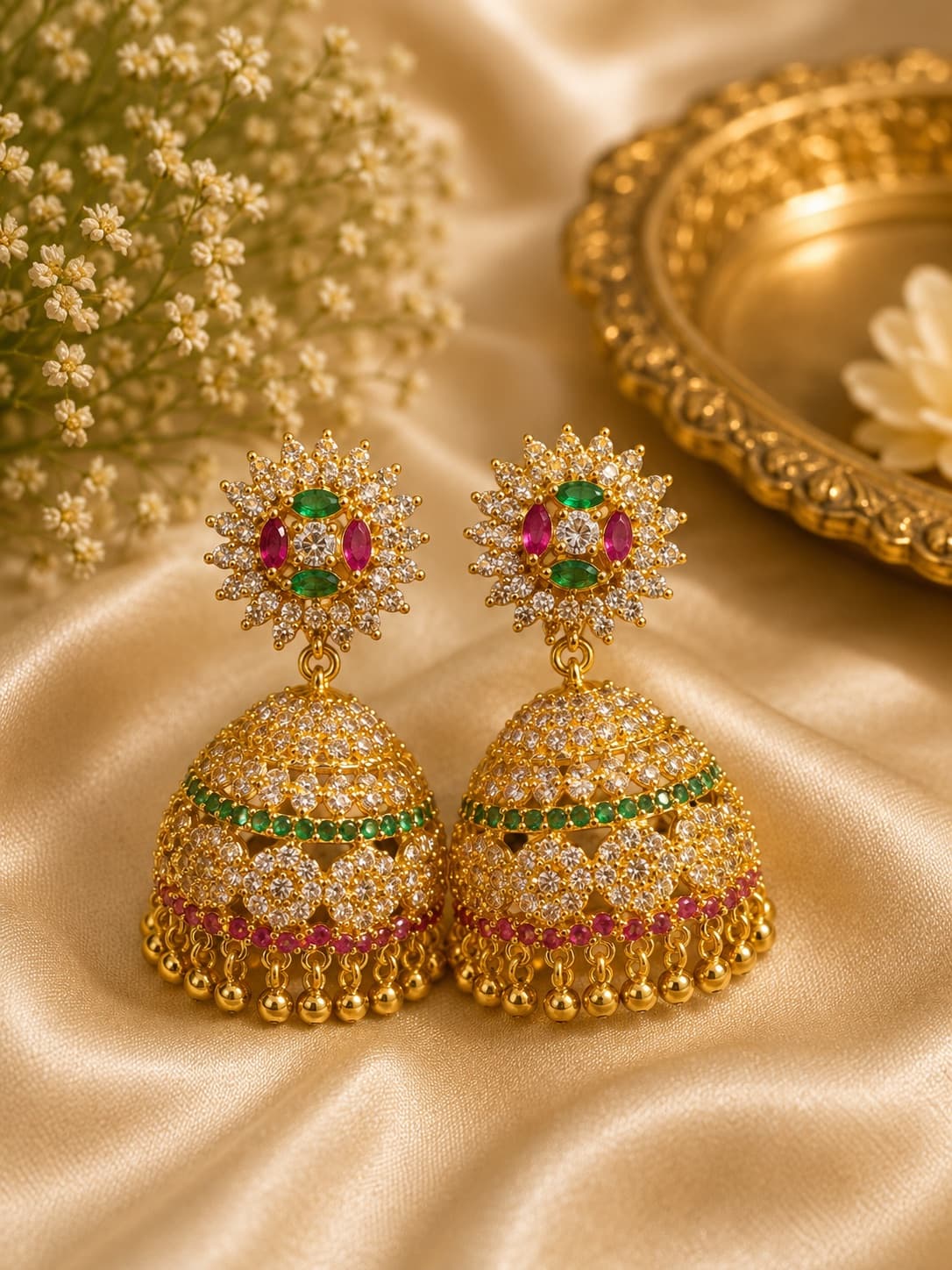 Micro Gold Finish Jhumka Earrings With Stones