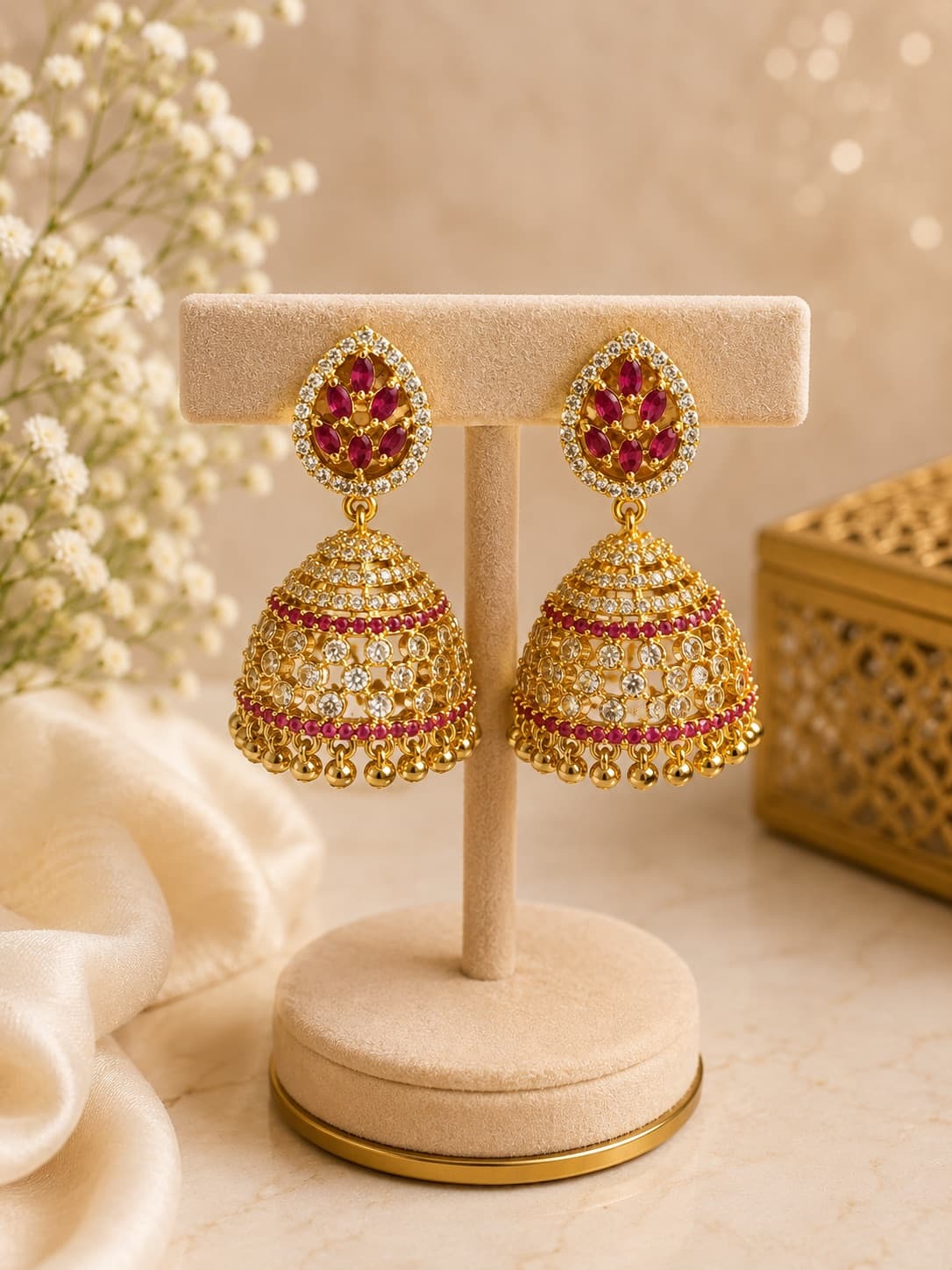 AD Stone Ruby & Green Jhumka Earrings