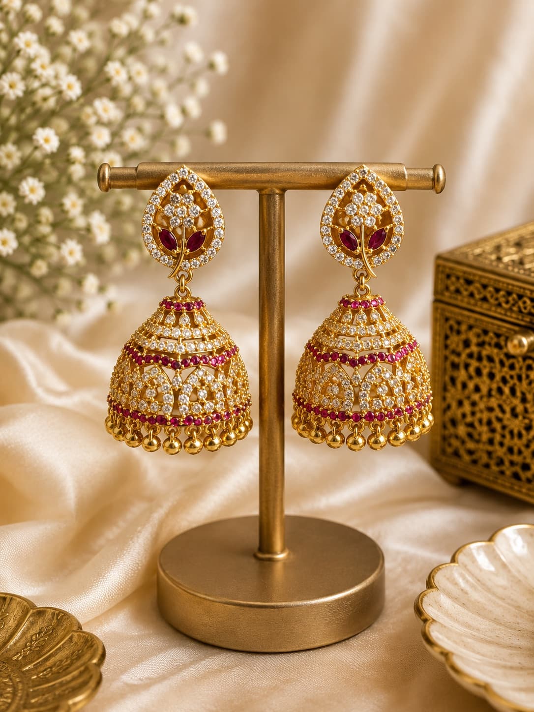 AD Stone Ruby & Green Jhumka Earrings