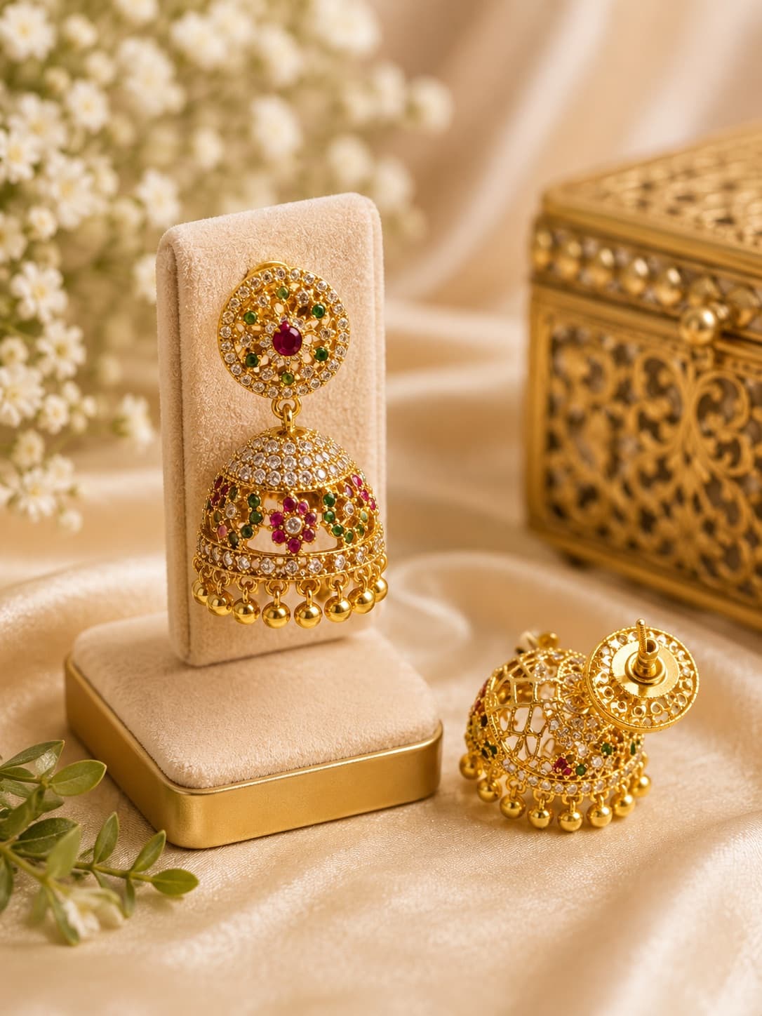AD Stone Ruby & Green Jhumka Earrings
