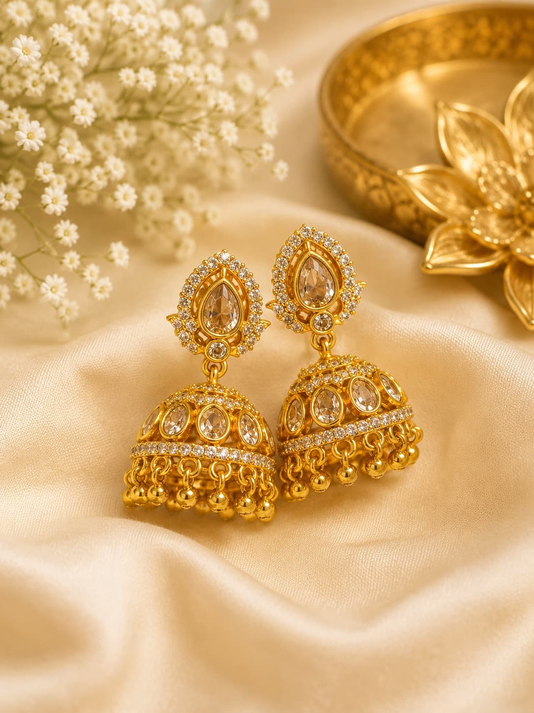 AD White Stone Jhumka Earrings