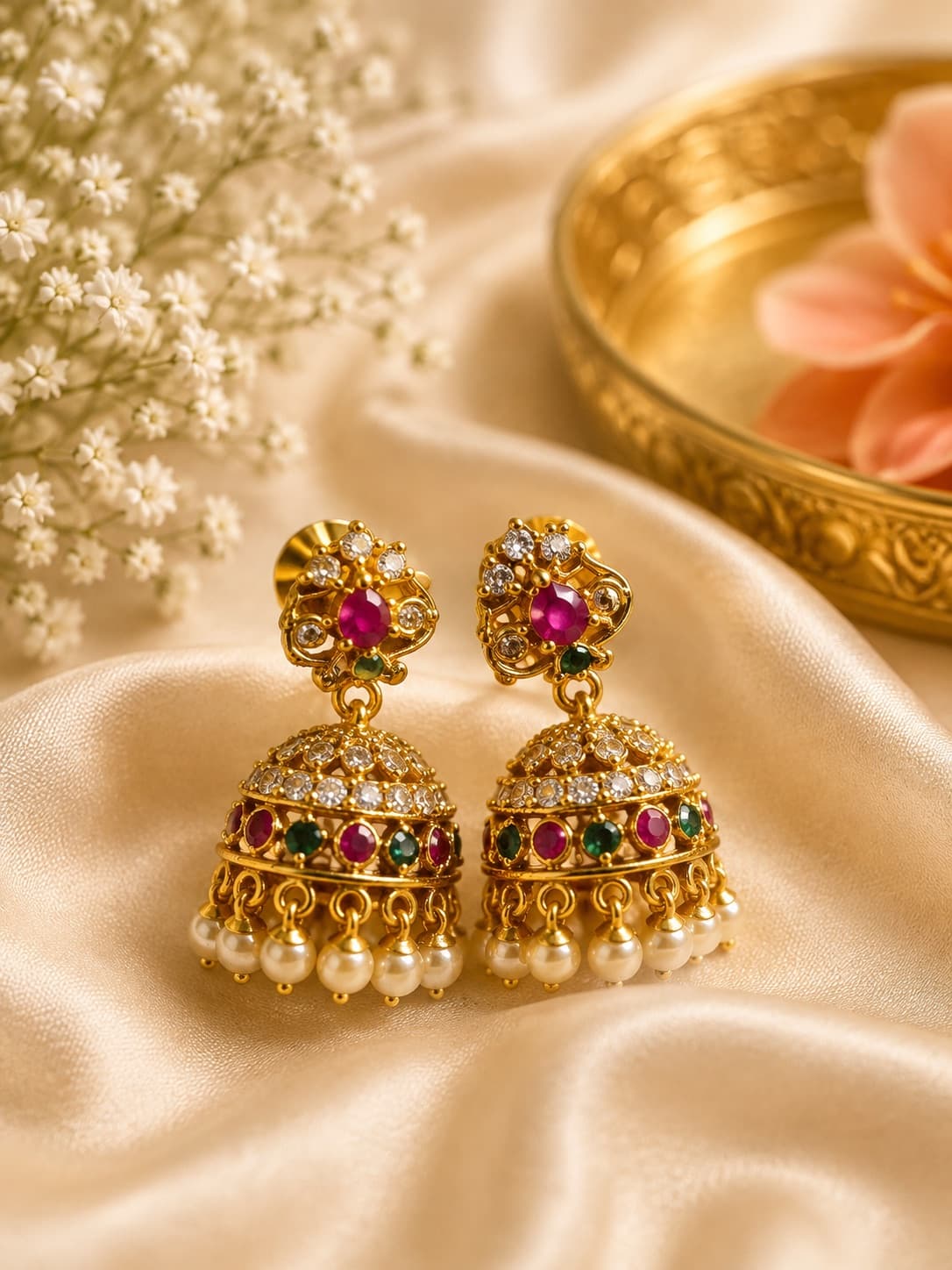 Traditional Gold Jhumka Earrings With Ruby And Green