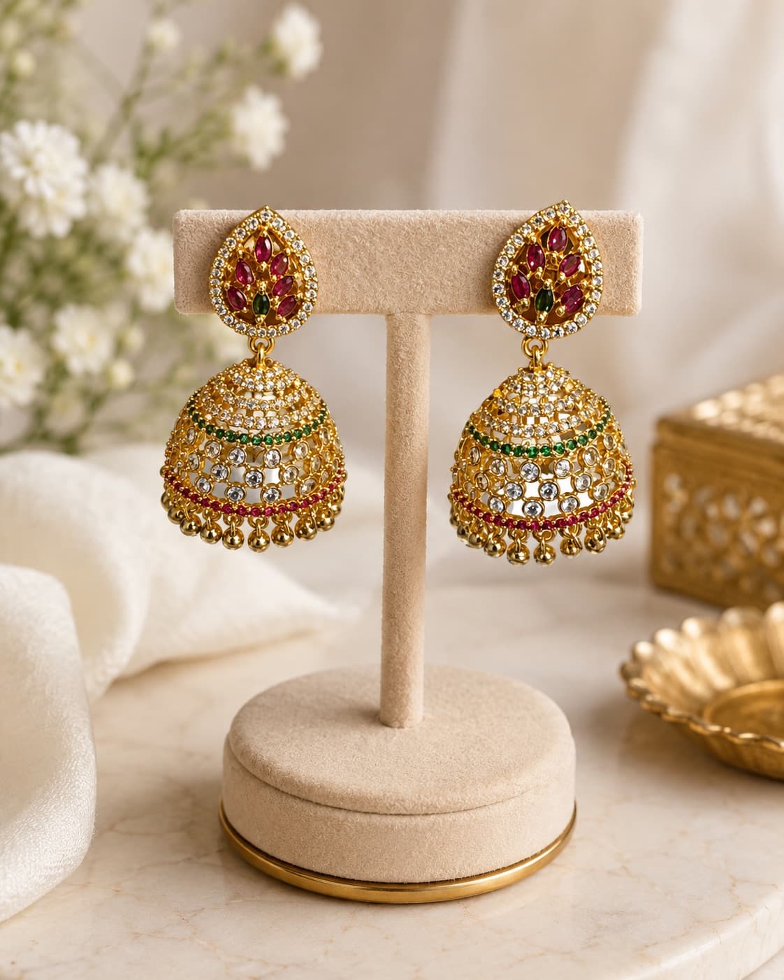 AD Stone Ruby & Green Jhumka Earrings jewellery in Gold / Red, Jimika