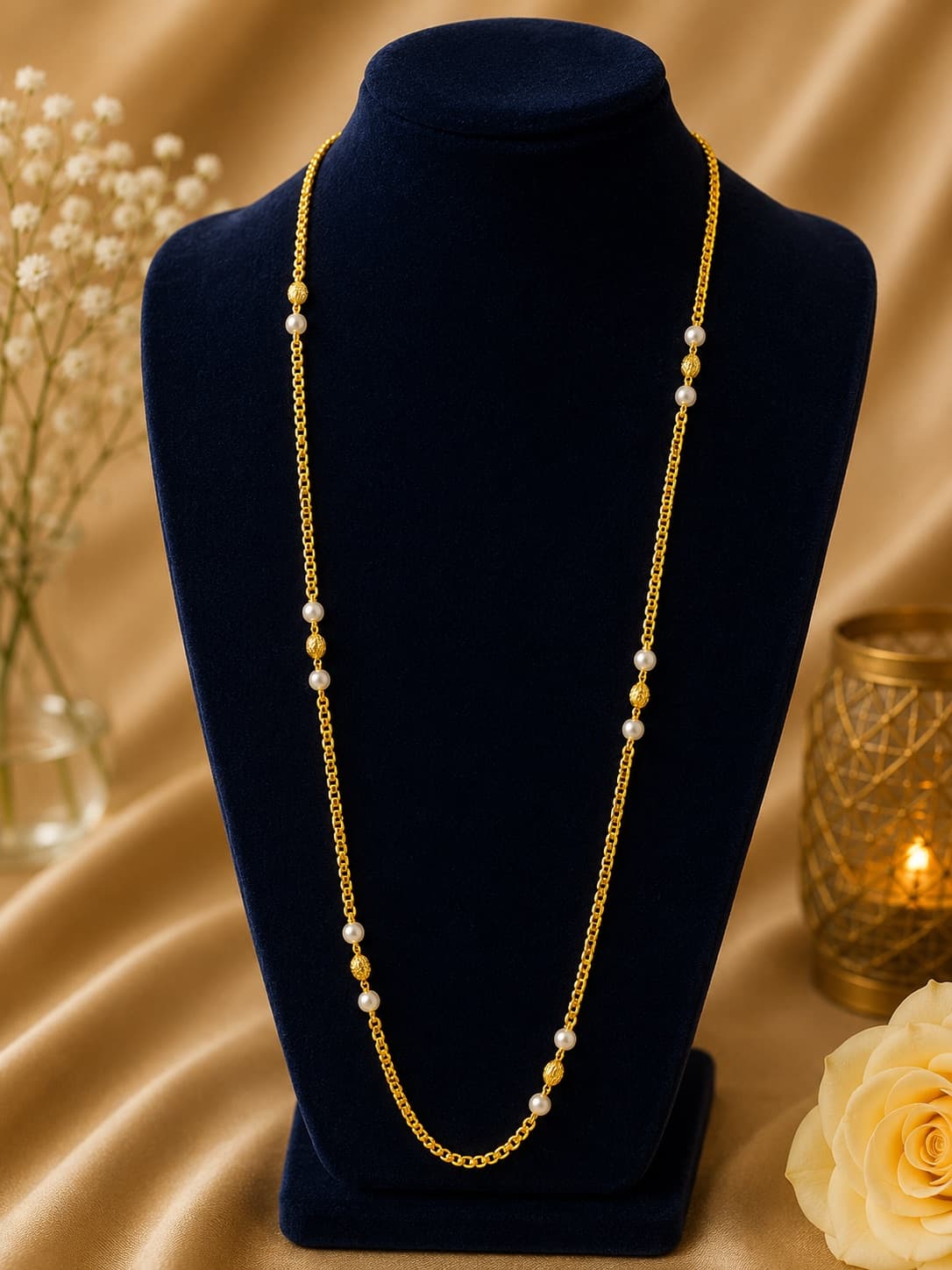 24 Inch Elegant Pearl And Gold Chain Necklace jewellery in Gold / White