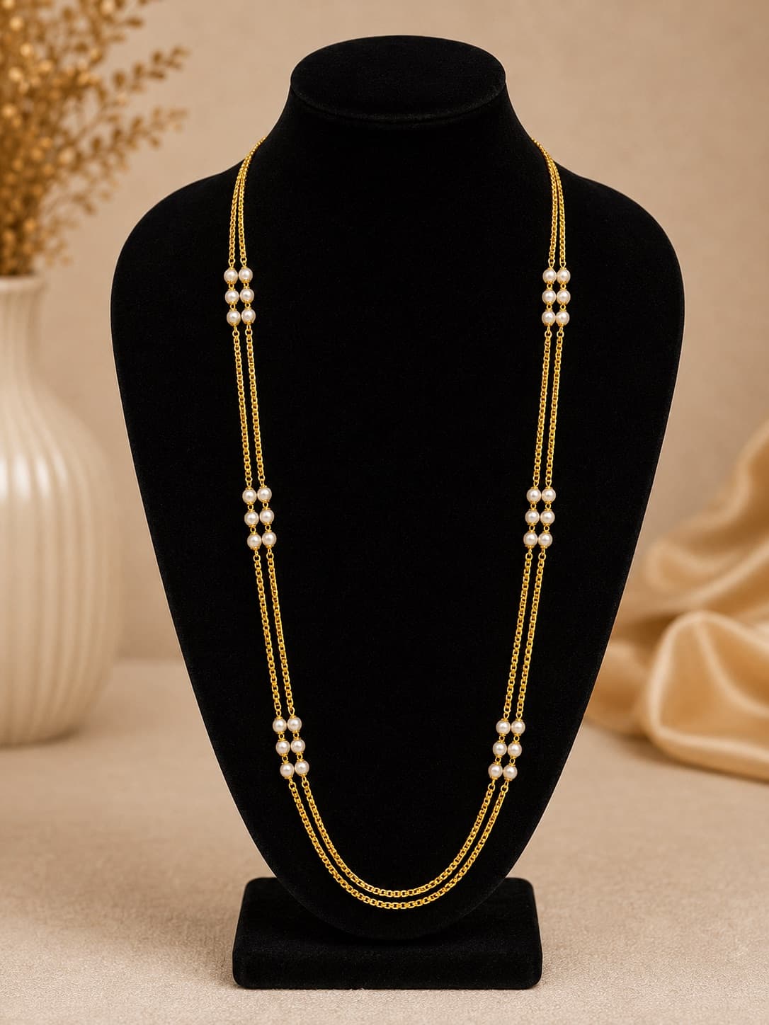 24 Inch Elegant Gold Plated Pearl Chain Necklace