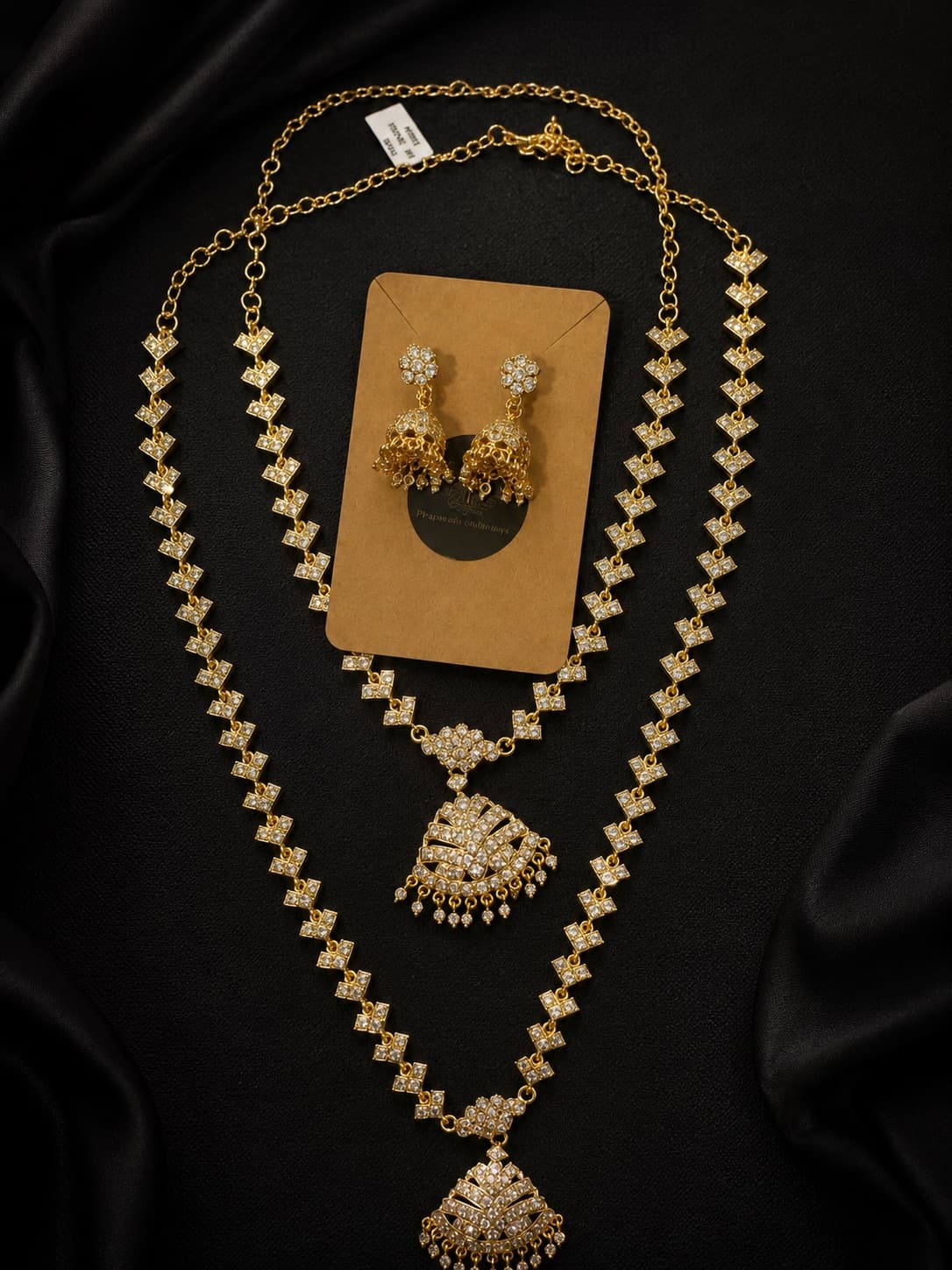 White Stone Double Layer Necklace Set With Jhumka Earrings