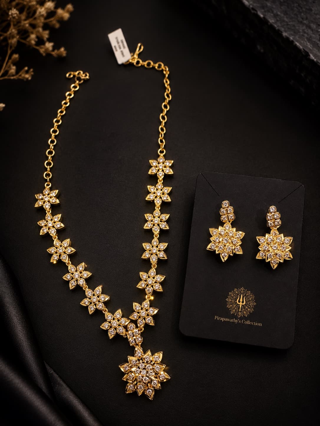 Floral AD Stone Micro Gold Plated Necklace Set jewellery in Gold / Clear