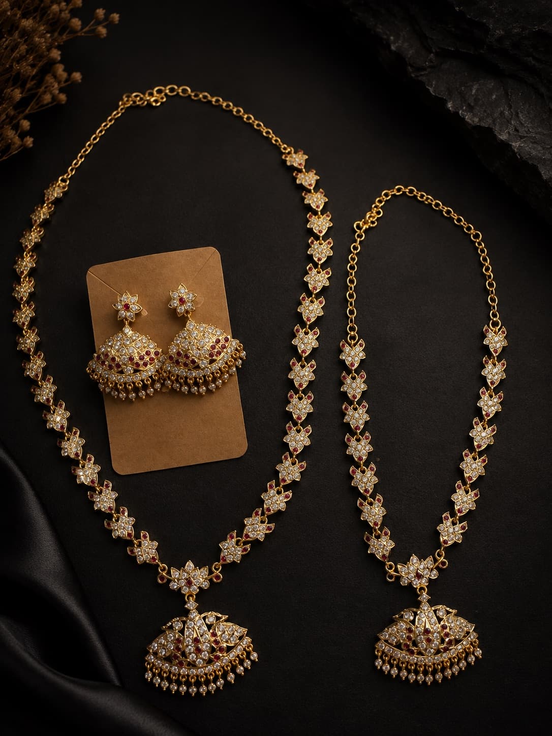 Micro Gold Plated Necklace Set With White Stones, Ruby Accents & Matching Earrings jewellery in Gold / Red
