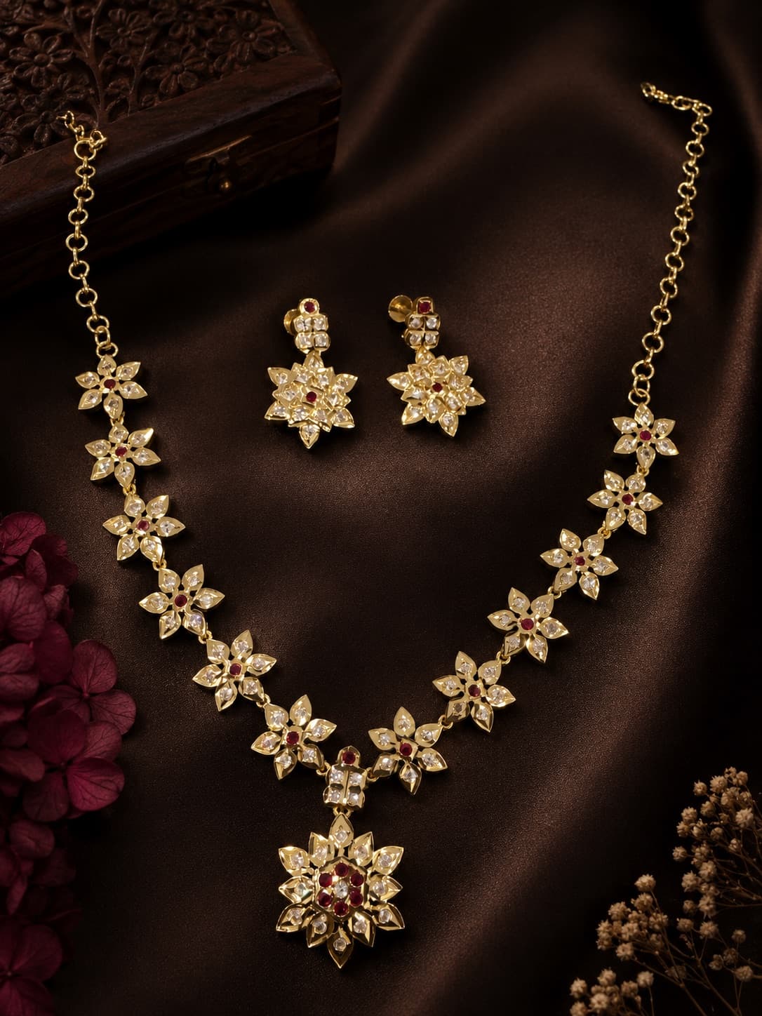Micro Gold Plated Stone Studded Floral Necklace Set