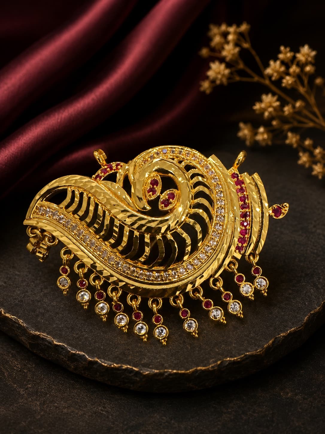 Sangu Micro Gold Plated Pendant With Red And White AD Stone