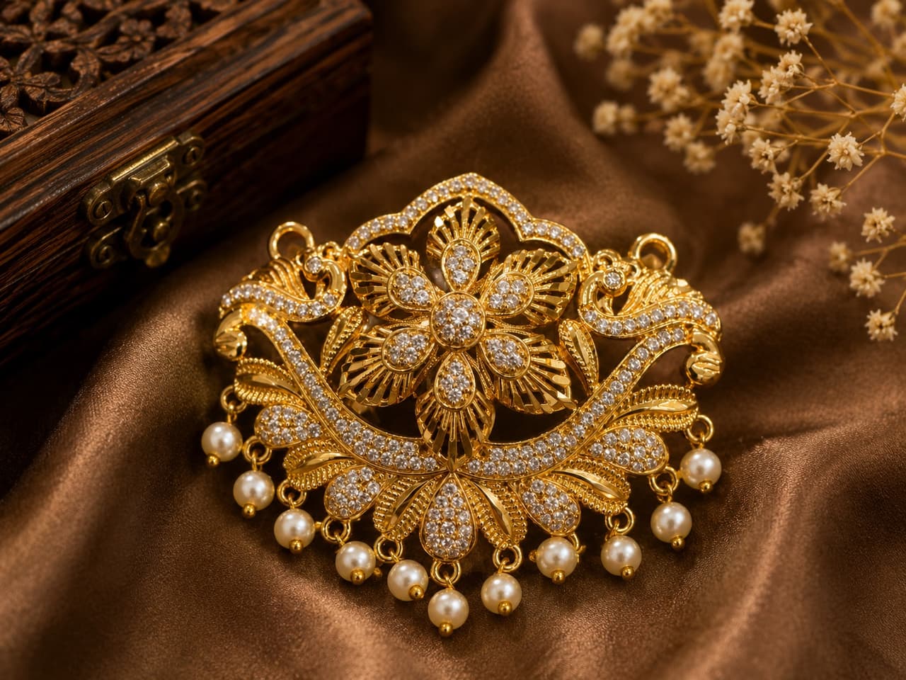 Intricate Gold Tone CZ Stone & Pearl Pendant